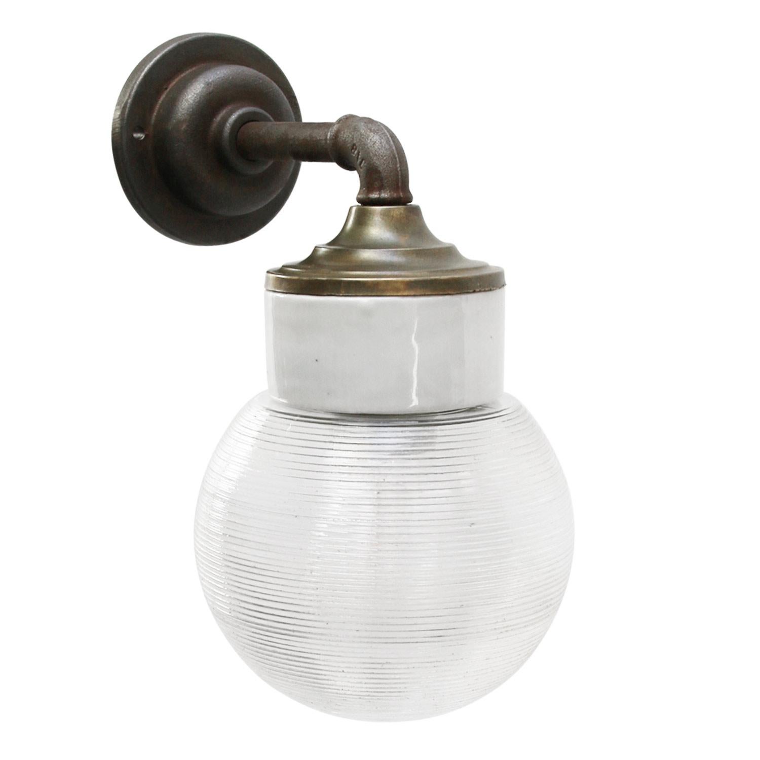Cast White Porcelain Vintage Industrial Clear Striped Glass Brass Wall Lamps Scones For Sale