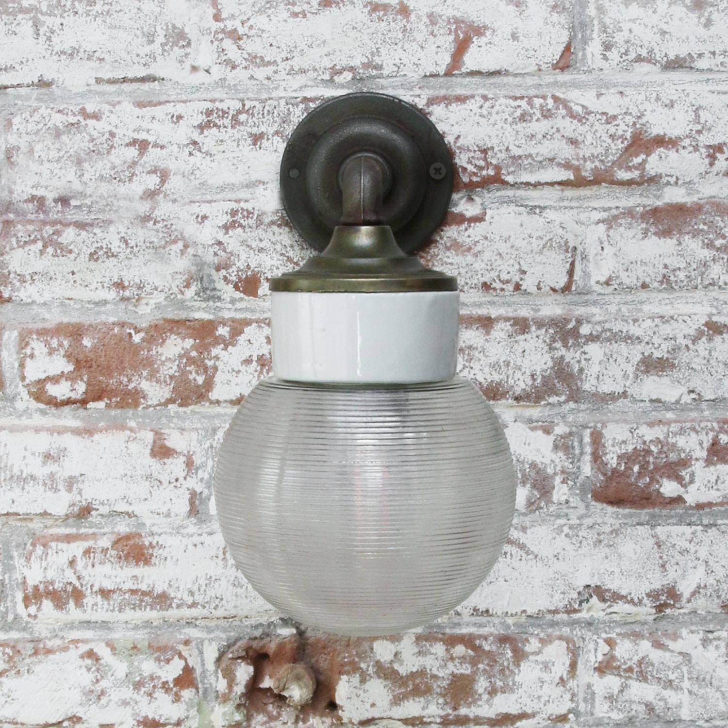 White Porcelain Vintage Industrial Clear Striped Glass Brass Wall Lamps Scones For Sale 1