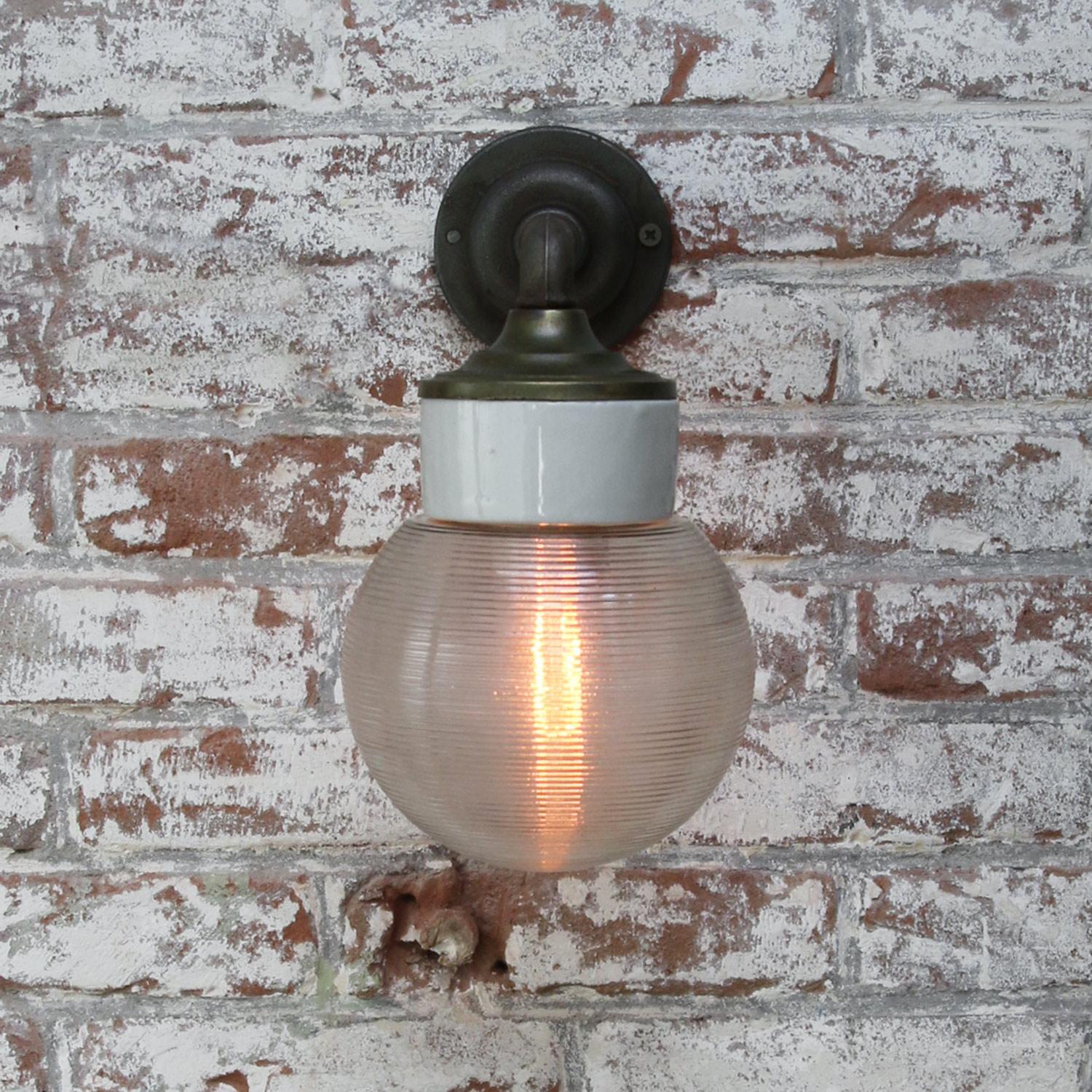White Porcelain Vintage Industrial Clear Striped Glass Brass Wall Lamps Scones For Sale 2