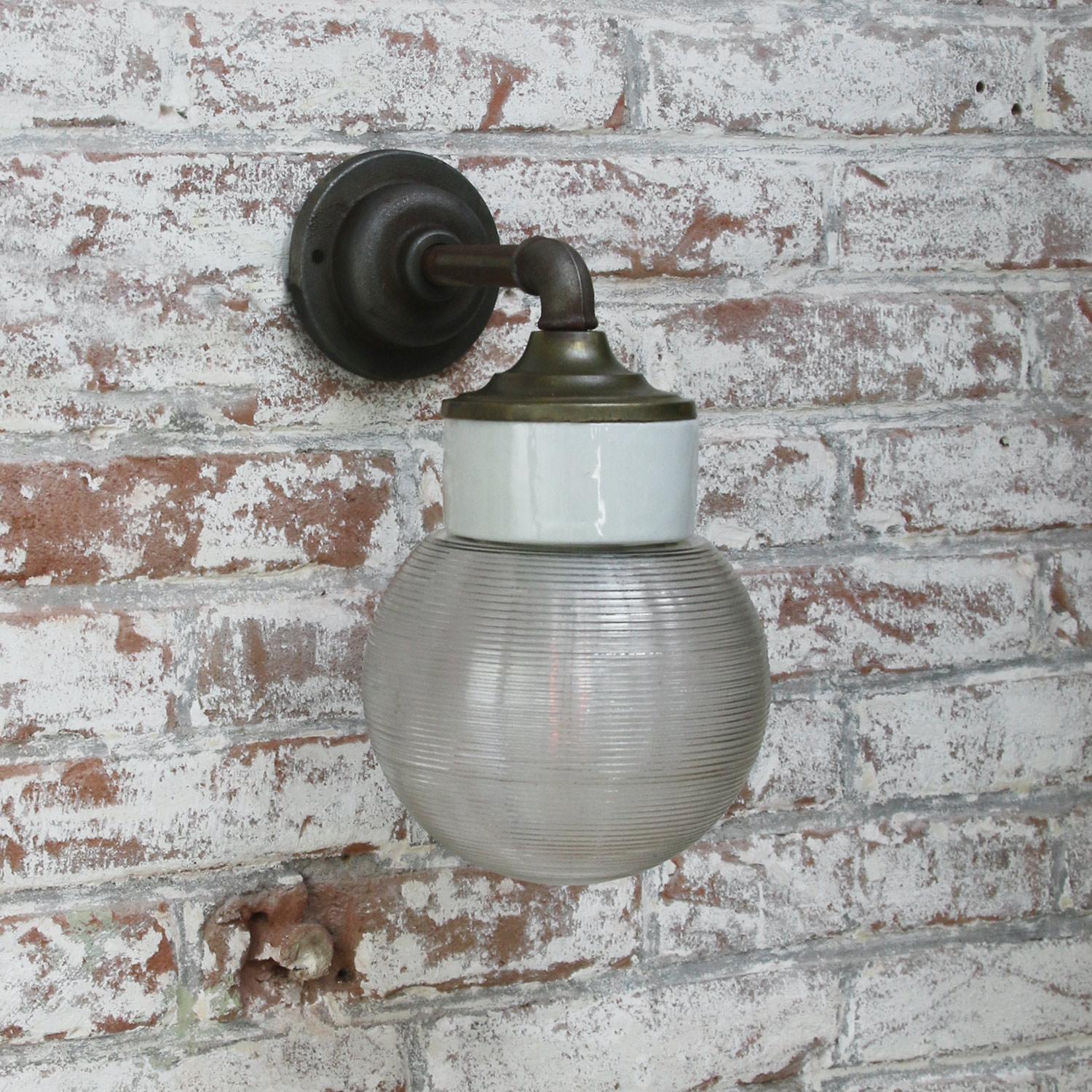 White Porcelain Vintage Industrial Clear Striped Glass Brass Wall Lamps Scones For Sale 3