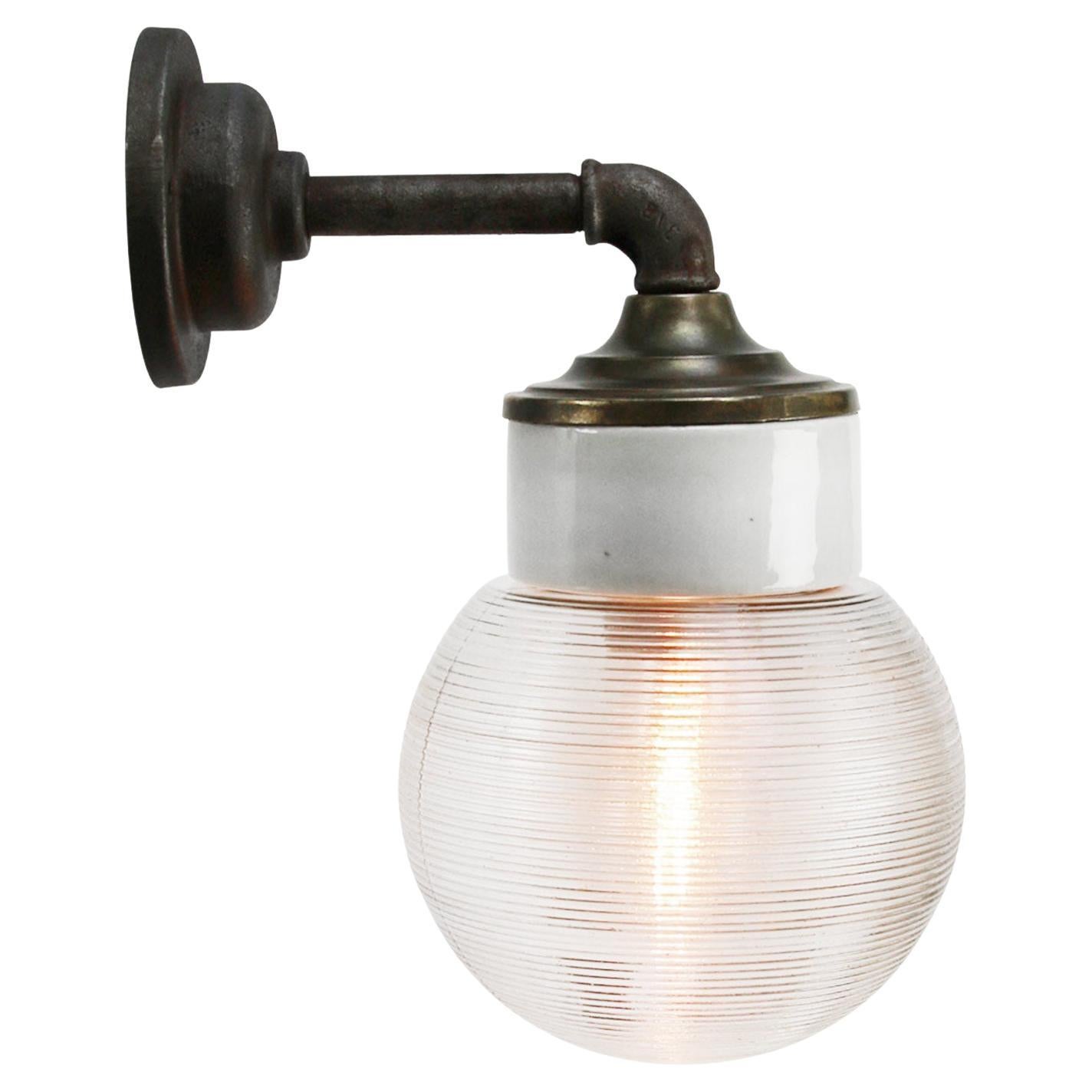 White Porcelain Vintage Industrial Clear Striped Glass Brass Wall Lamps Scones For Sale
