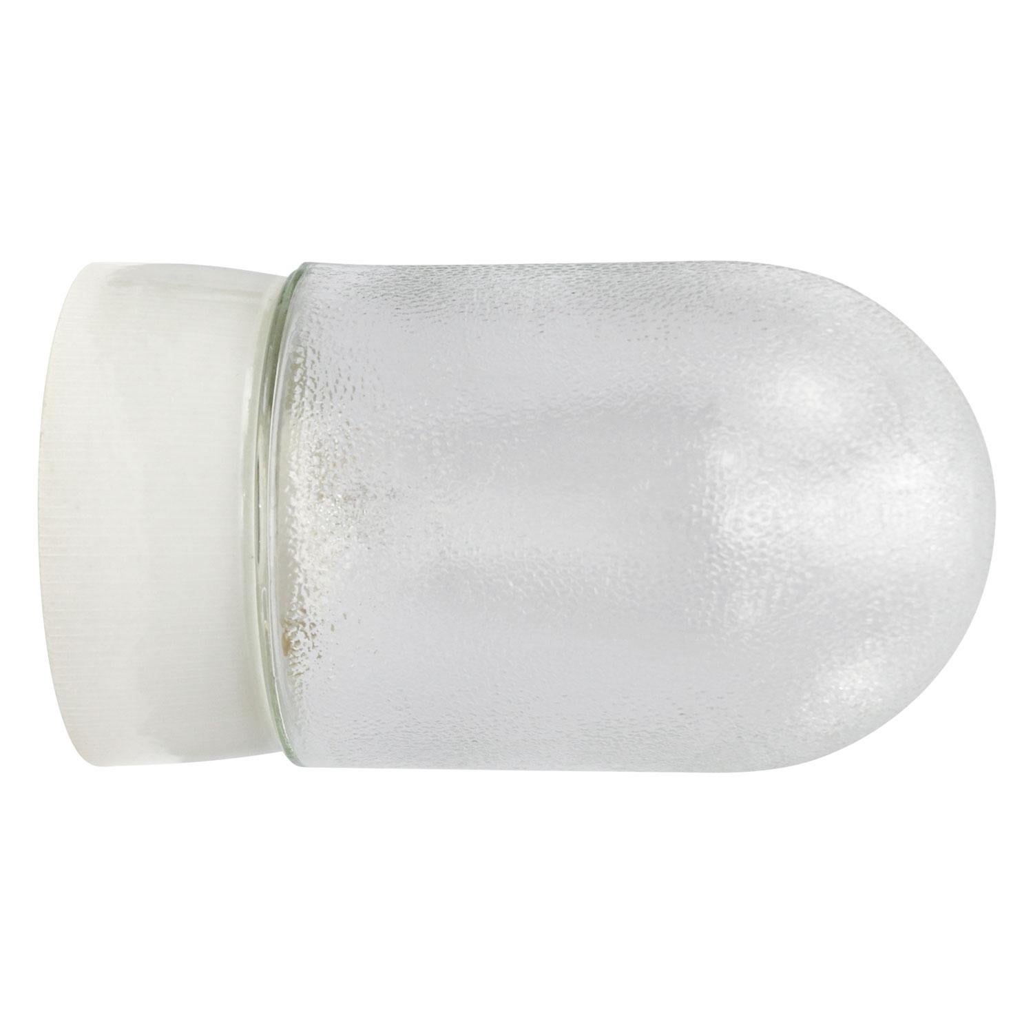 Industrial ceiling lamp.
White porcelain, frosted glass.

2 conductors, no ground.
Suitable for 110 volt USA
new wiring is CE certified (220 volt)  or UL Listed (110 volt) 

Weight: 1.00 kg / 2.2 lb

Priced per individual item. All lamps have been