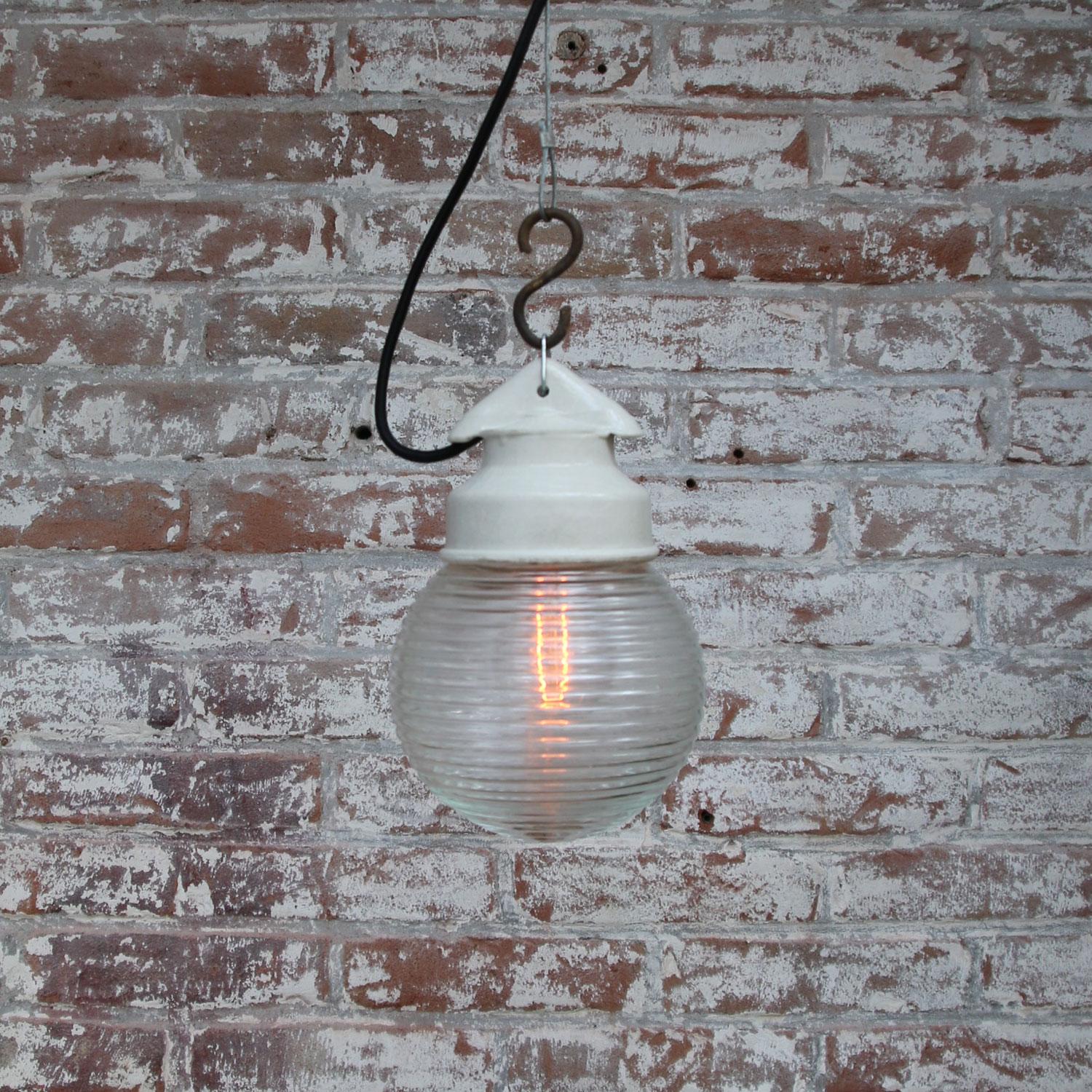 White Porcelain Vintage Industrial Holophane Glass Pendant Lights In Good Condition In Amsterdam, NL