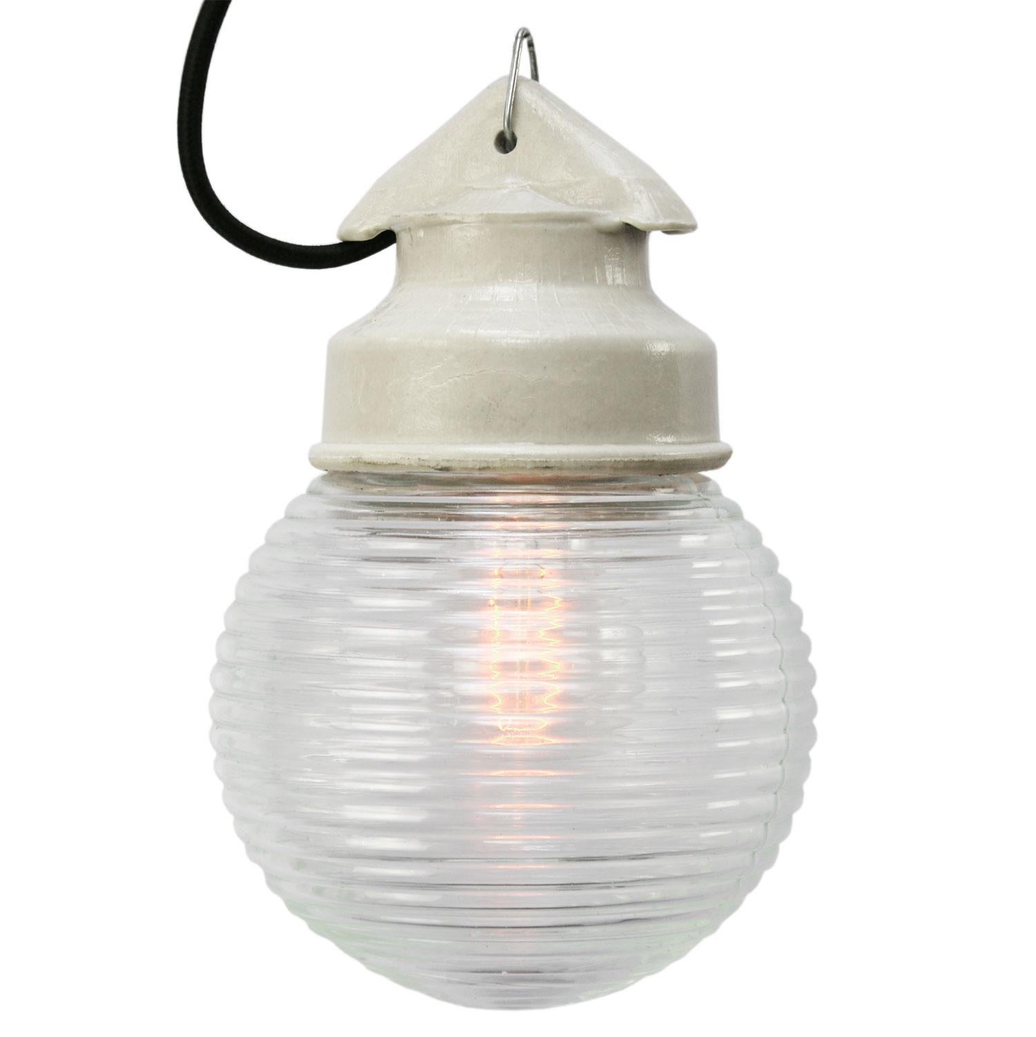 20th Century White Porcelain Vintage Industrial Holophane Glass Pendant Lights