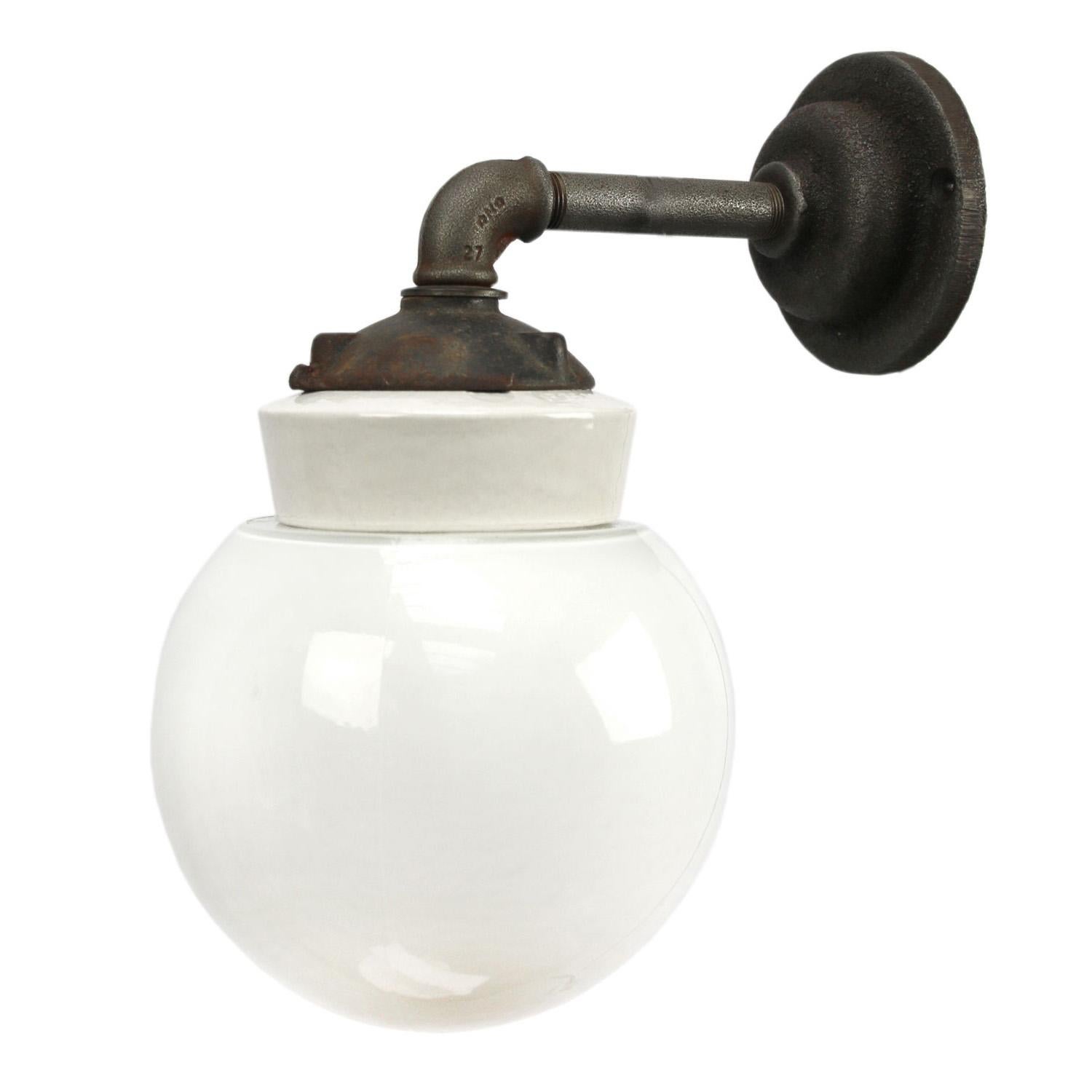 White Porcelain Vintage Industrial Opaline Glass Cast Iron Wall Lamp Scones In Good Condition For Sale In Amsterdam, NL