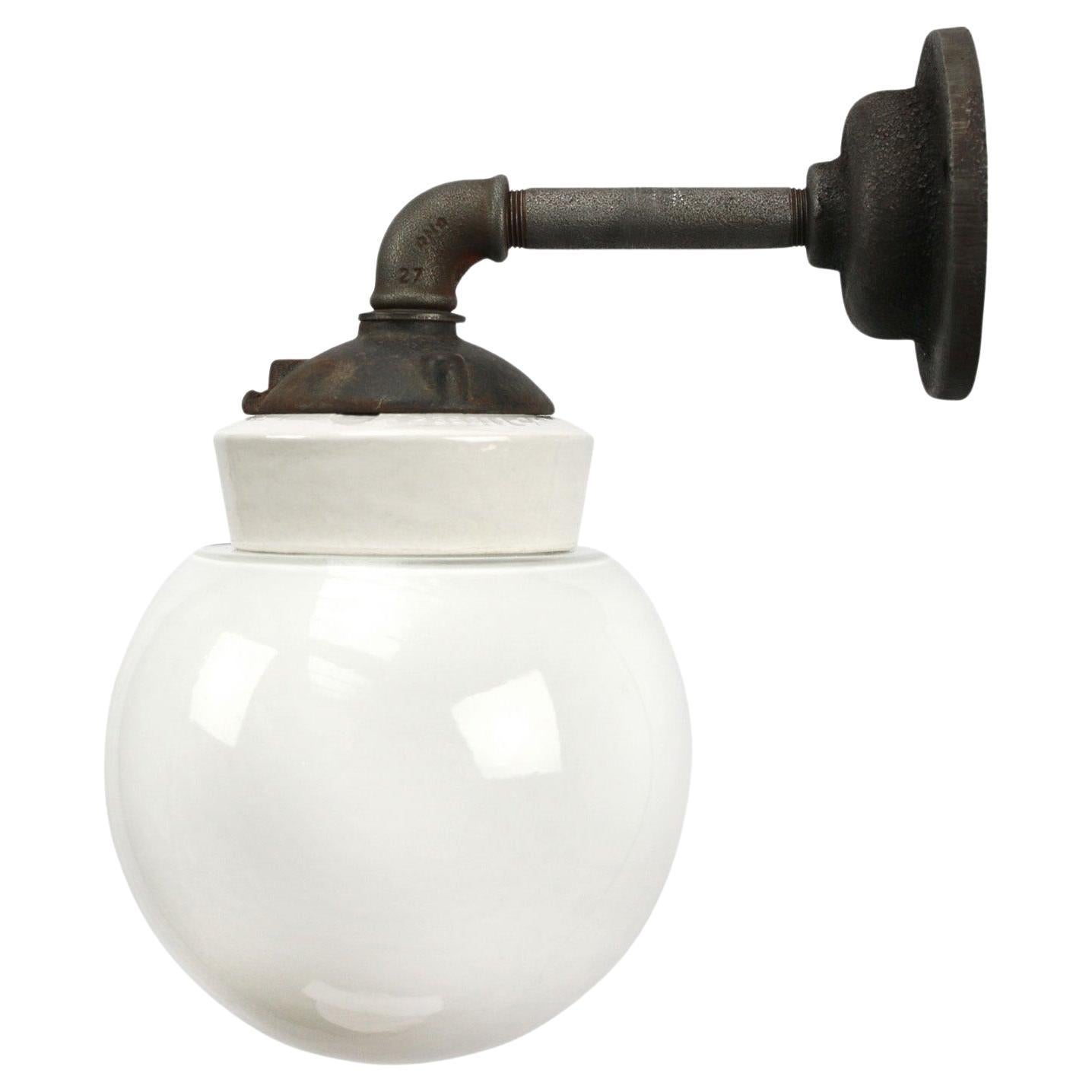 White Porcelain Vintage Industrial Opaline Glass Cast Iron Wall Lamp Scones For Sale