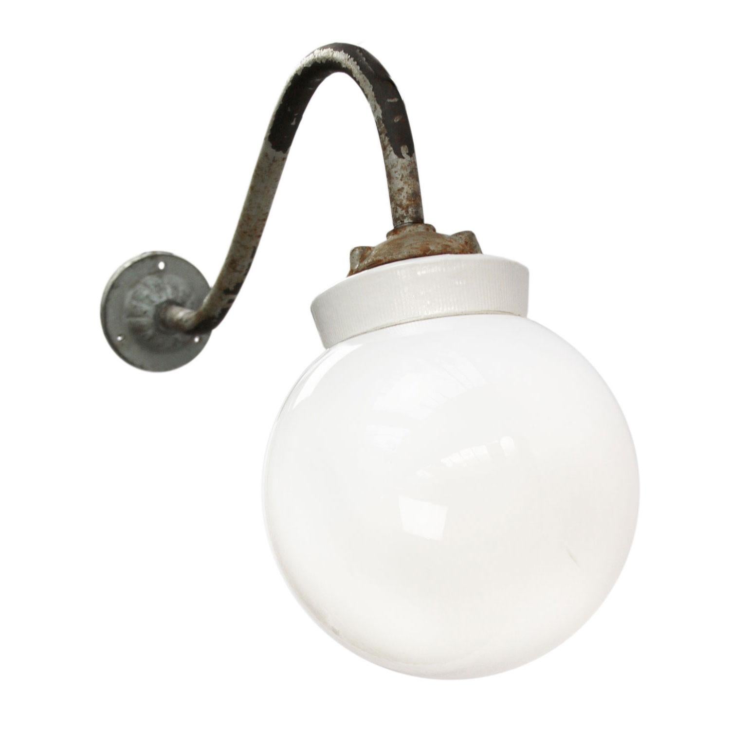 White Porcelain Vintage Industrial Opaline Glass Cast Iron Wall Lights In Good Condition In Amsterdam, NL