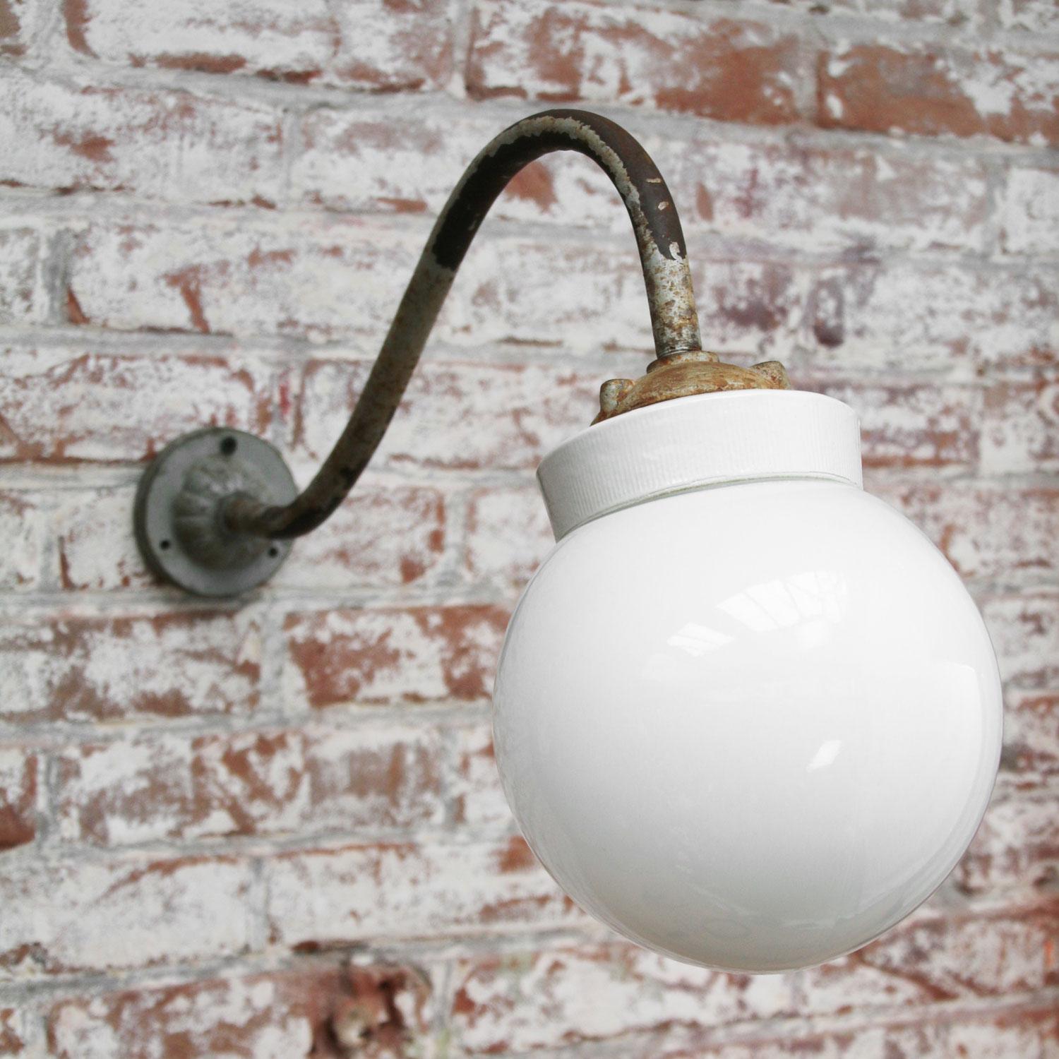 20th Century White Porcelain Vintage Industrial Opaline Glass Cast Iron Wall Lights