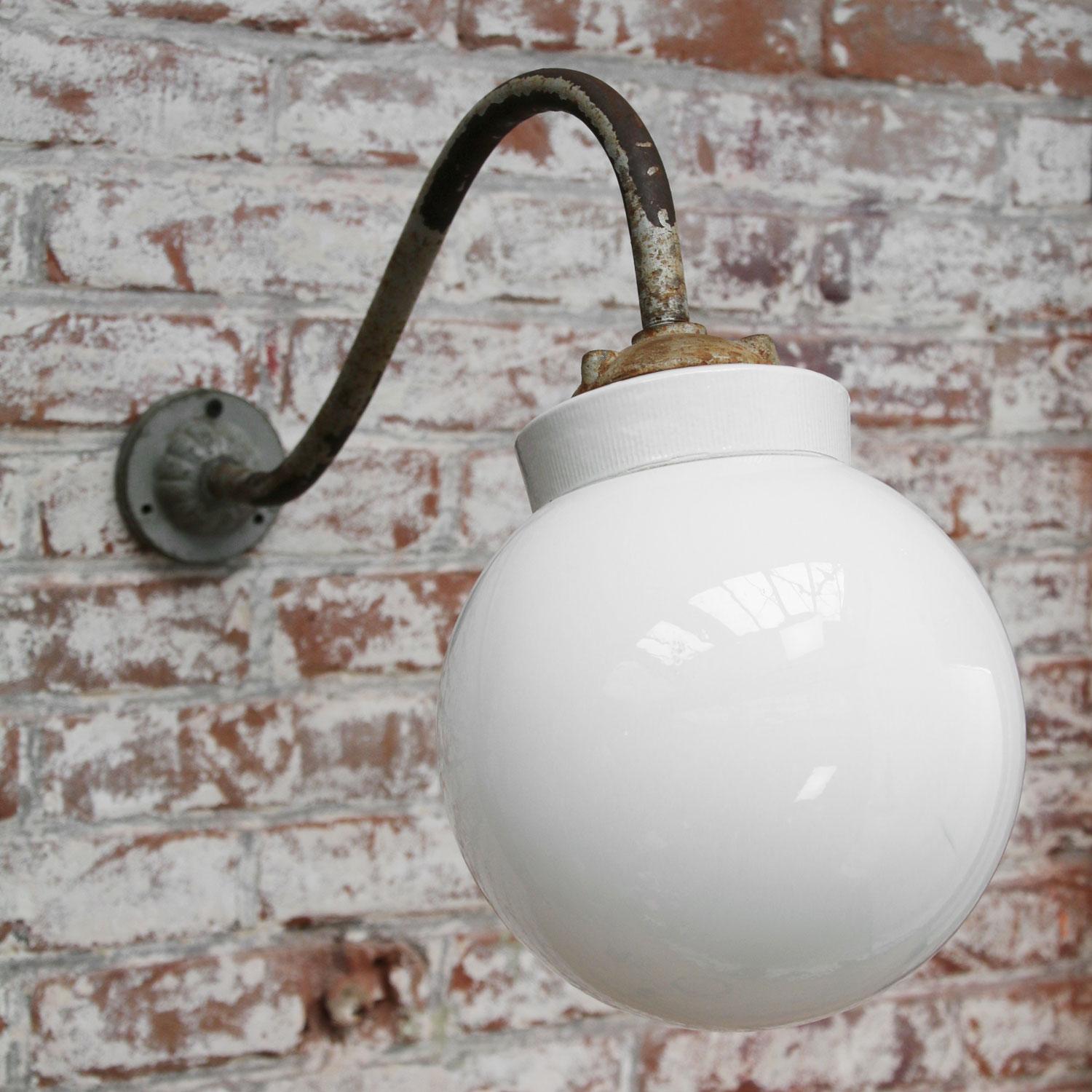20th Century White Porcelain Vintage Industrial Opaline Glass Cast Iron Wall Lights