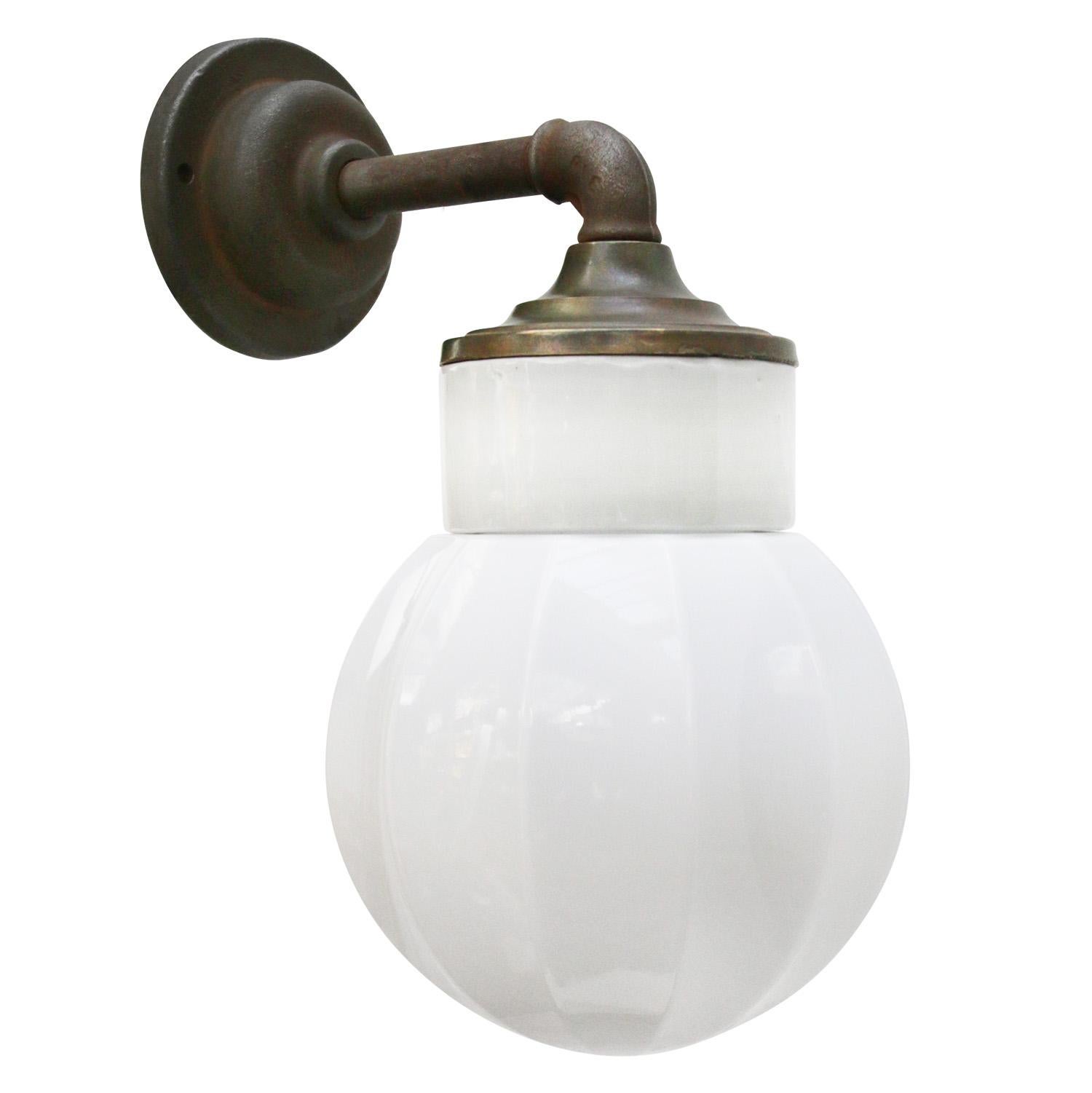Dutch White Porcelain Vintage Industrial Opaline Milk Glass Brass Wall Lamp Scones For Sale