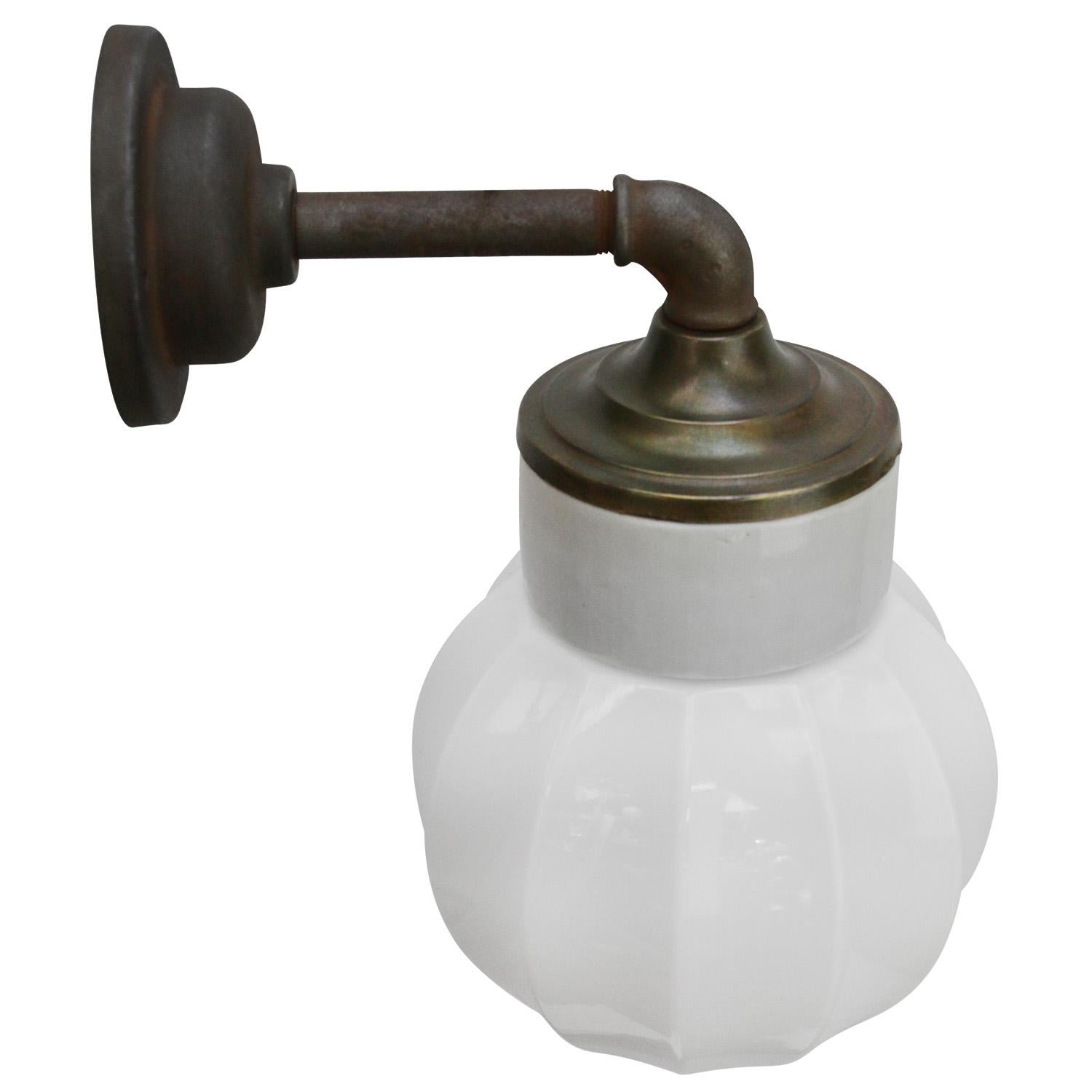 Cast White Porcelain Vintage Industrial Opaline Milk Glass Brass Wall Lamp Scones For Sale