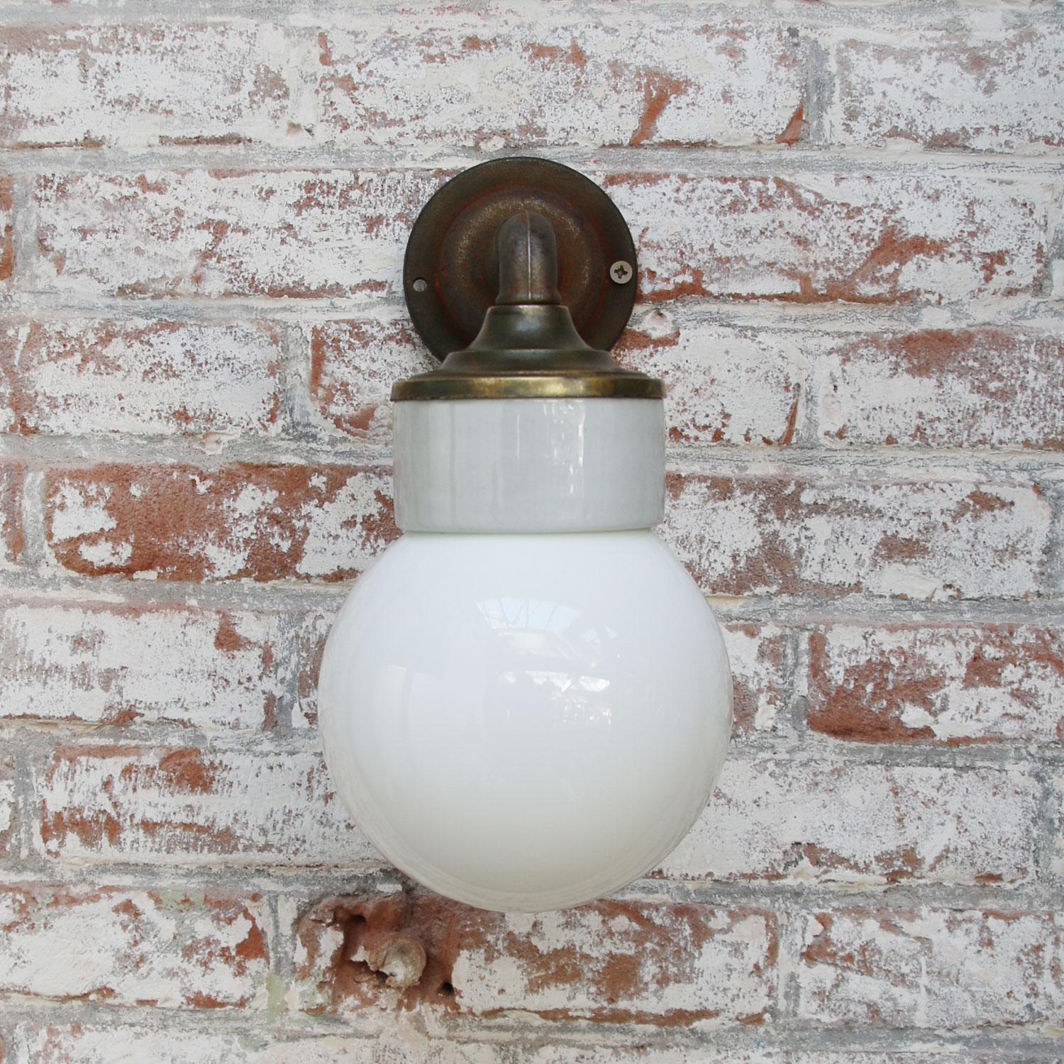 Dutch White Porcelain Vintage Industrial Opaline Milk Glass Brass Wall Lamp Scones For Sale