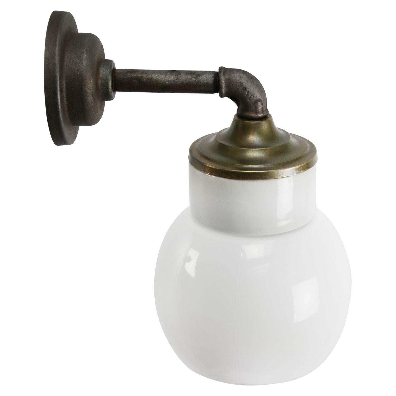Dutch White Porcelain Vintage Industrial Opaline Milk Glass Brass Wall Lamp Scones For Sale