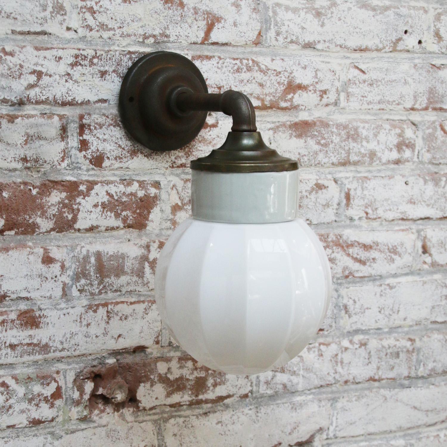 20th Century White Porcelain Vintage Industrial Opaline Milk Glass Brass Wall Lamp Scones For Sale