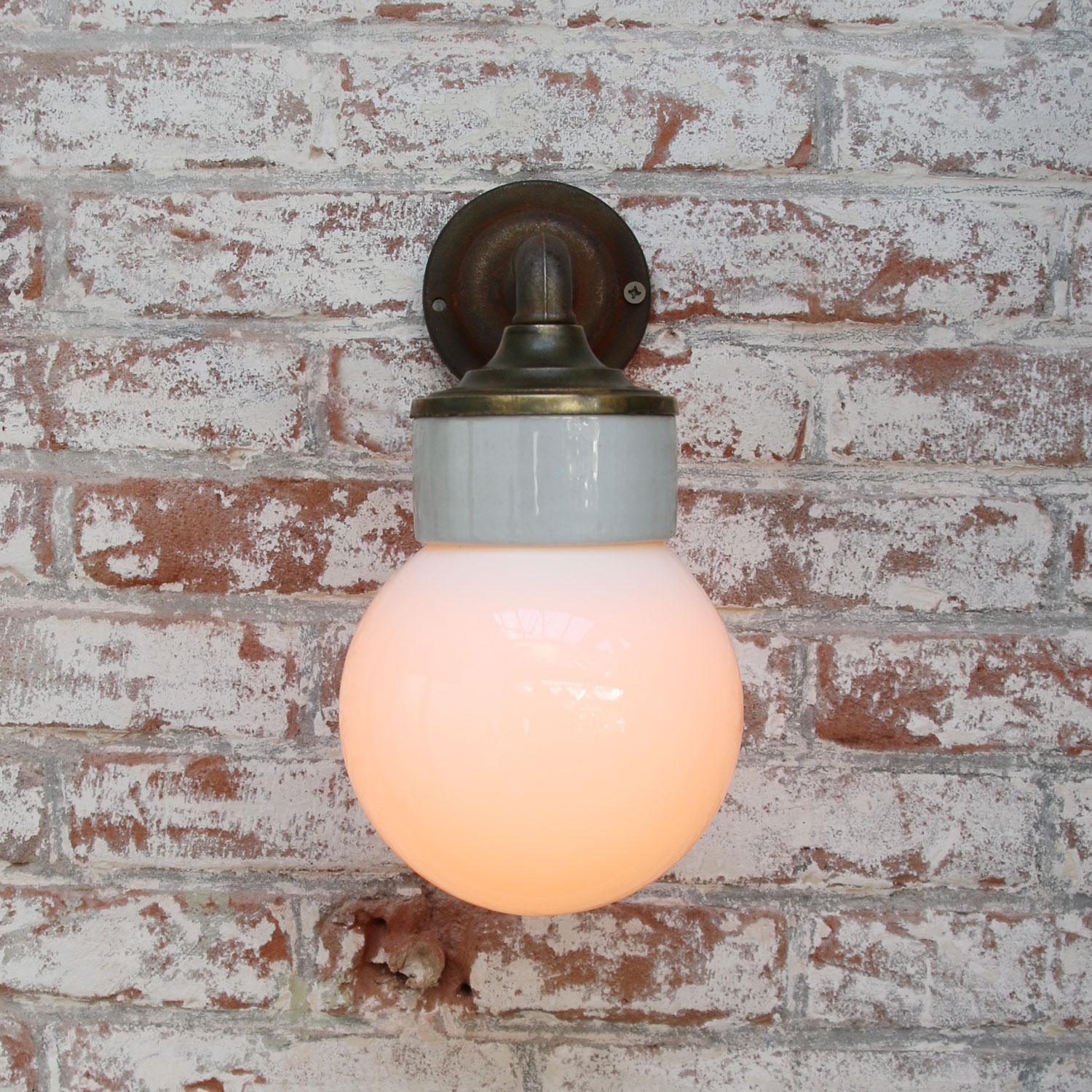 White Porcelain Vintage Industrial Opaline Milk Glass Brass Wall Lamp Scones In Good Condition For Sale In Amsterdam, NL