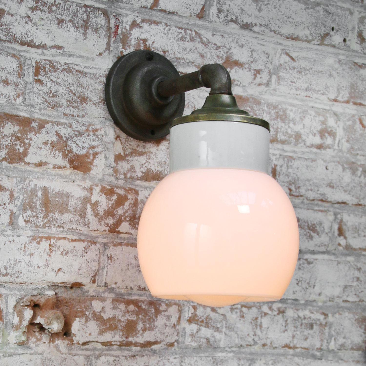 White Porcelain Vintage Industrial Opaline Milk Glass Brass Wall Lamp Scones In Good Condition For Sale In Amsterdam, NL