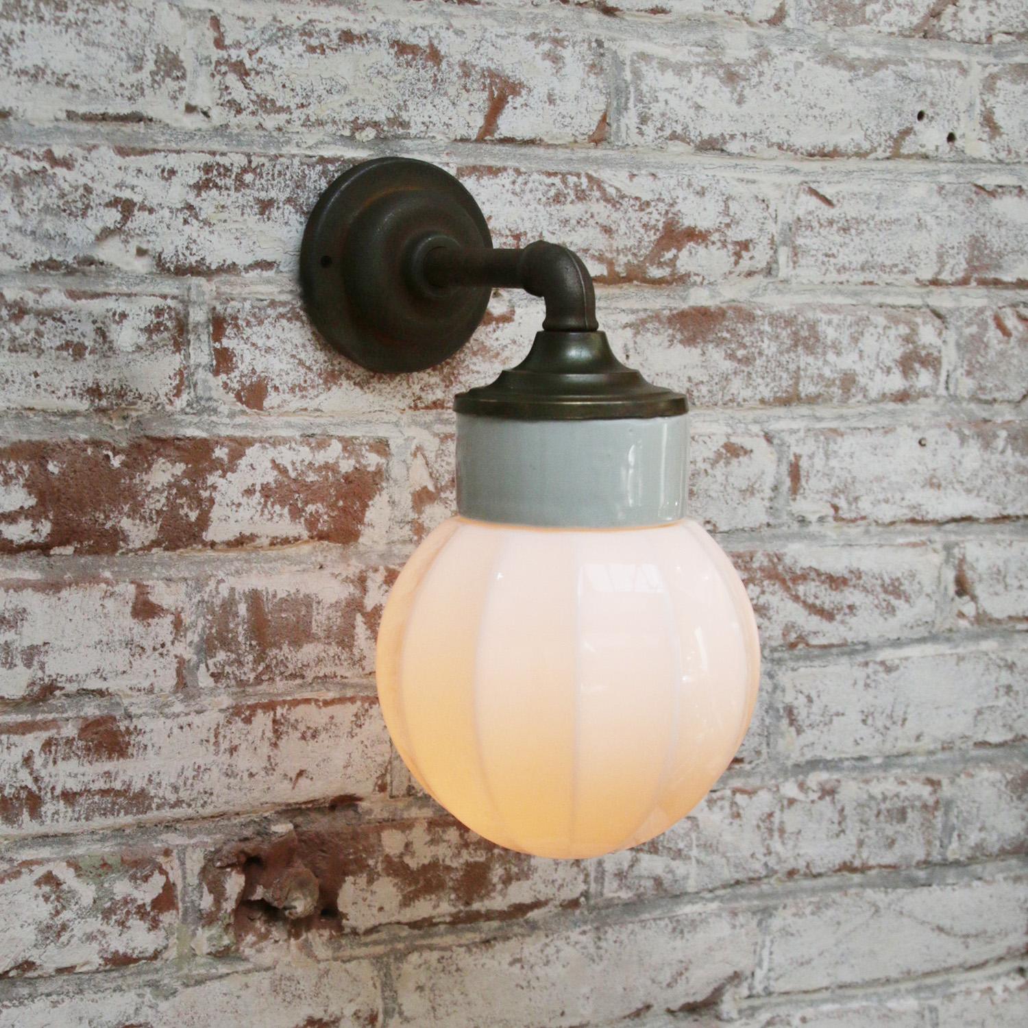 White Porcelain Vintage Industrial Opaline Milk Glass Brass Wall Lamp Scones For Sale 2