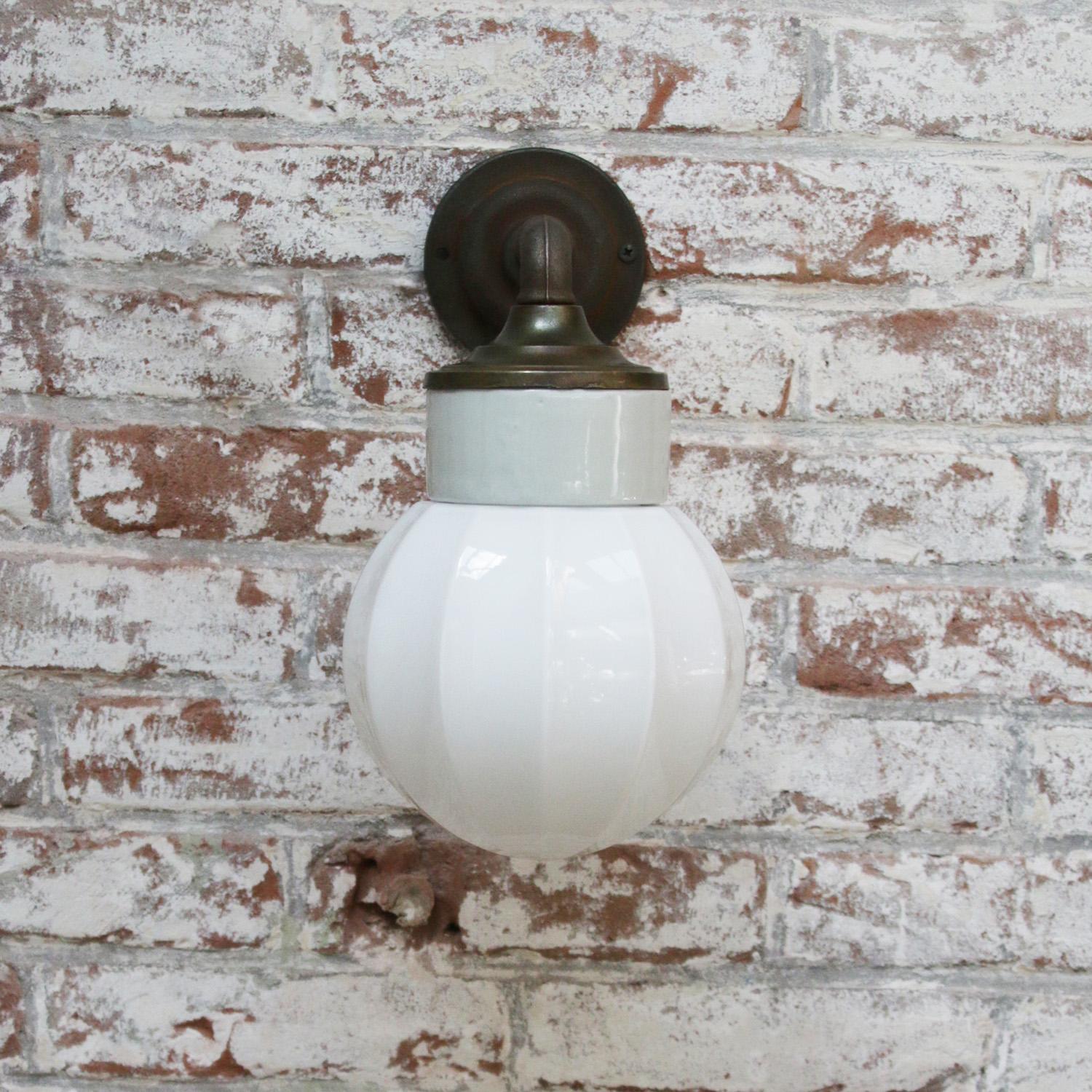 White Porcelain Vintage Industrial Opaline Milk Glass Brass Wall Lamp Scones For Sale 2