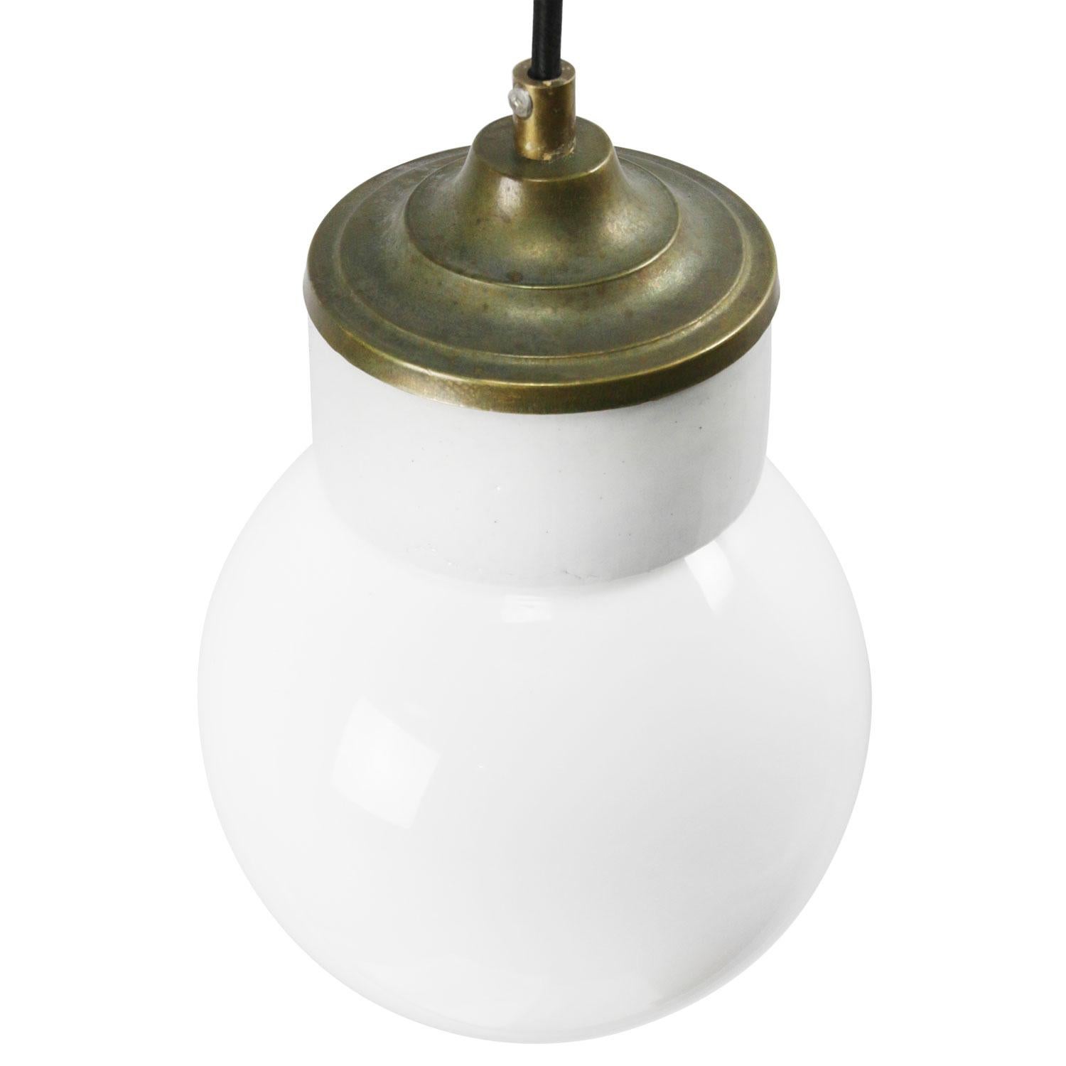 Dutch White Porcelain White Opaline Glass Vintage Industrial Brass Pendant Lights For Sale