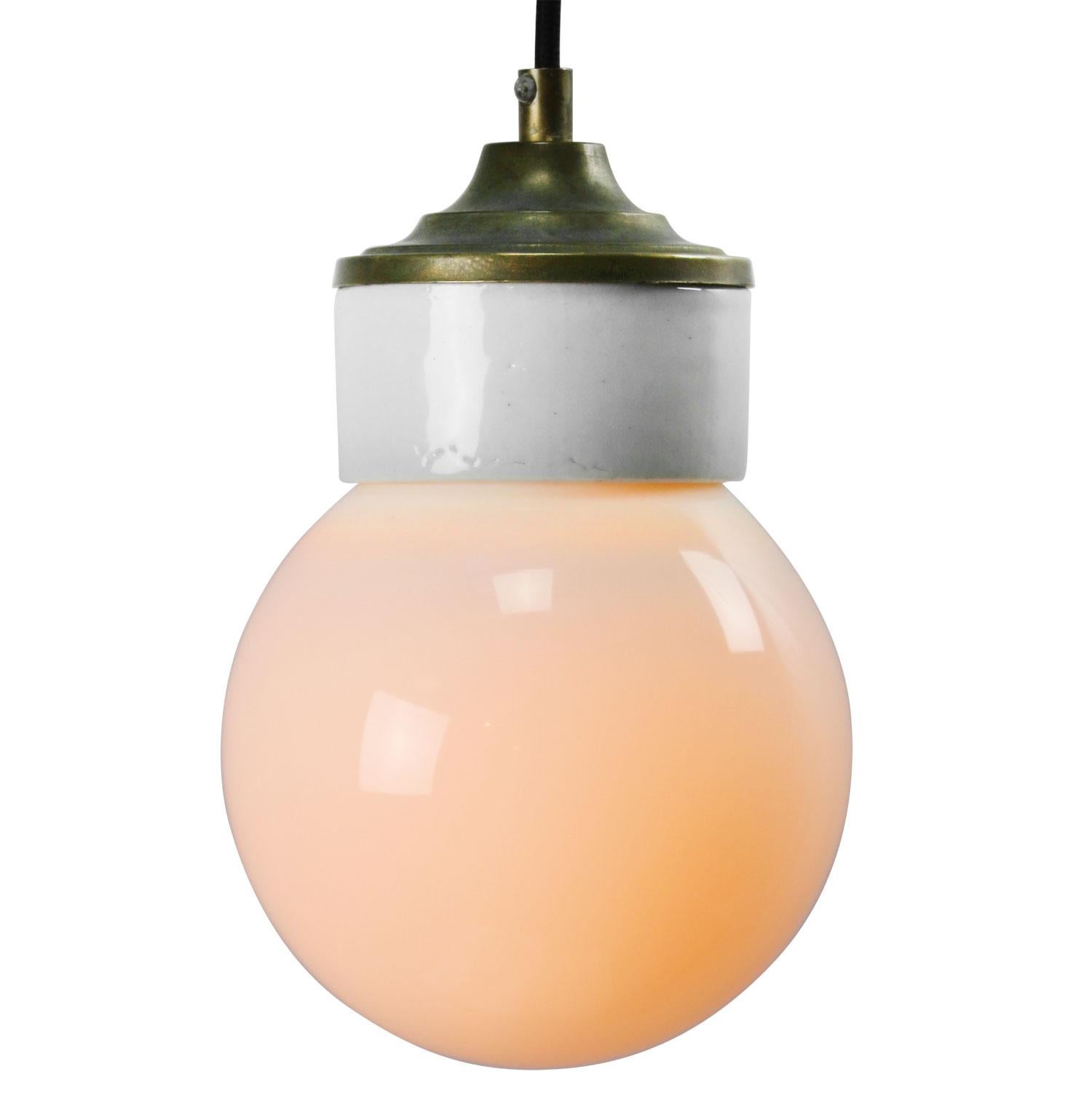 Dutch White Porcelain White Opaline Glass Vintage Industrial Brass Pendant Lights For Sale