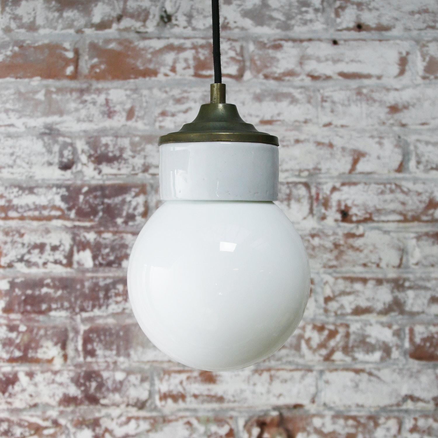 20th Century White Porcelain White Opaline Glass Vintage Industrial Brass Pendant Lights For Sale