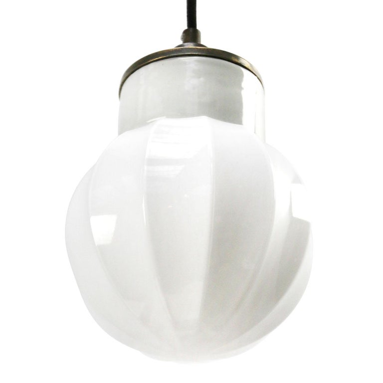 20th Century White Porcelain White Opaline Glass Vintage Industrial Brass Pendant Lights For Sale