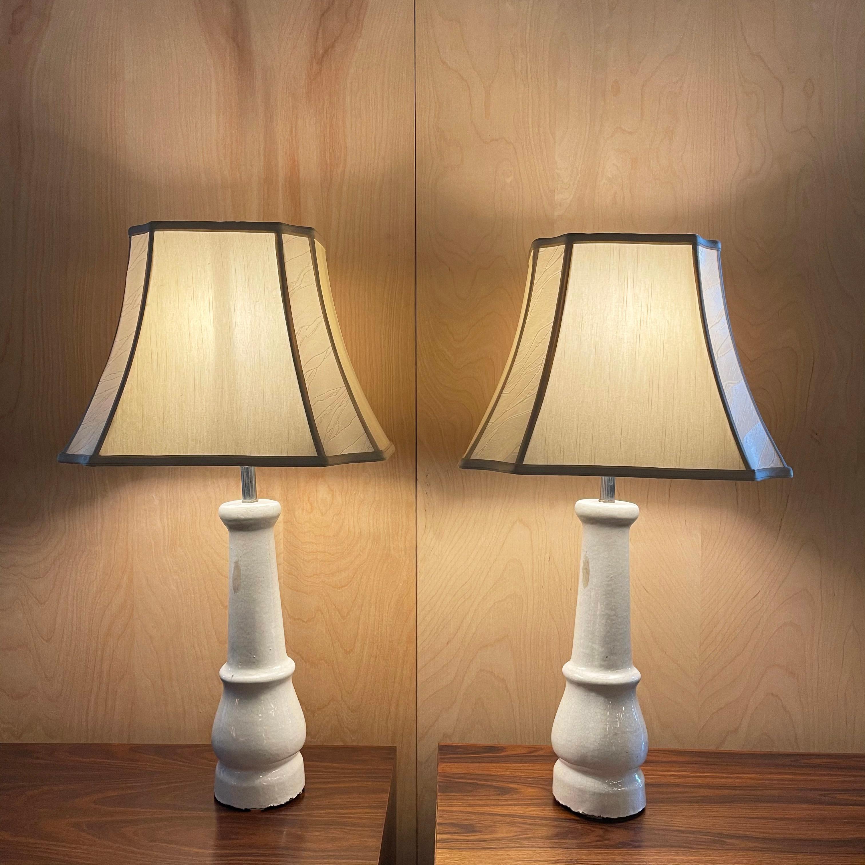 White Porcelain Leg Table Lamps with Shades In Good Condition For Sale In Brooklyn, NY