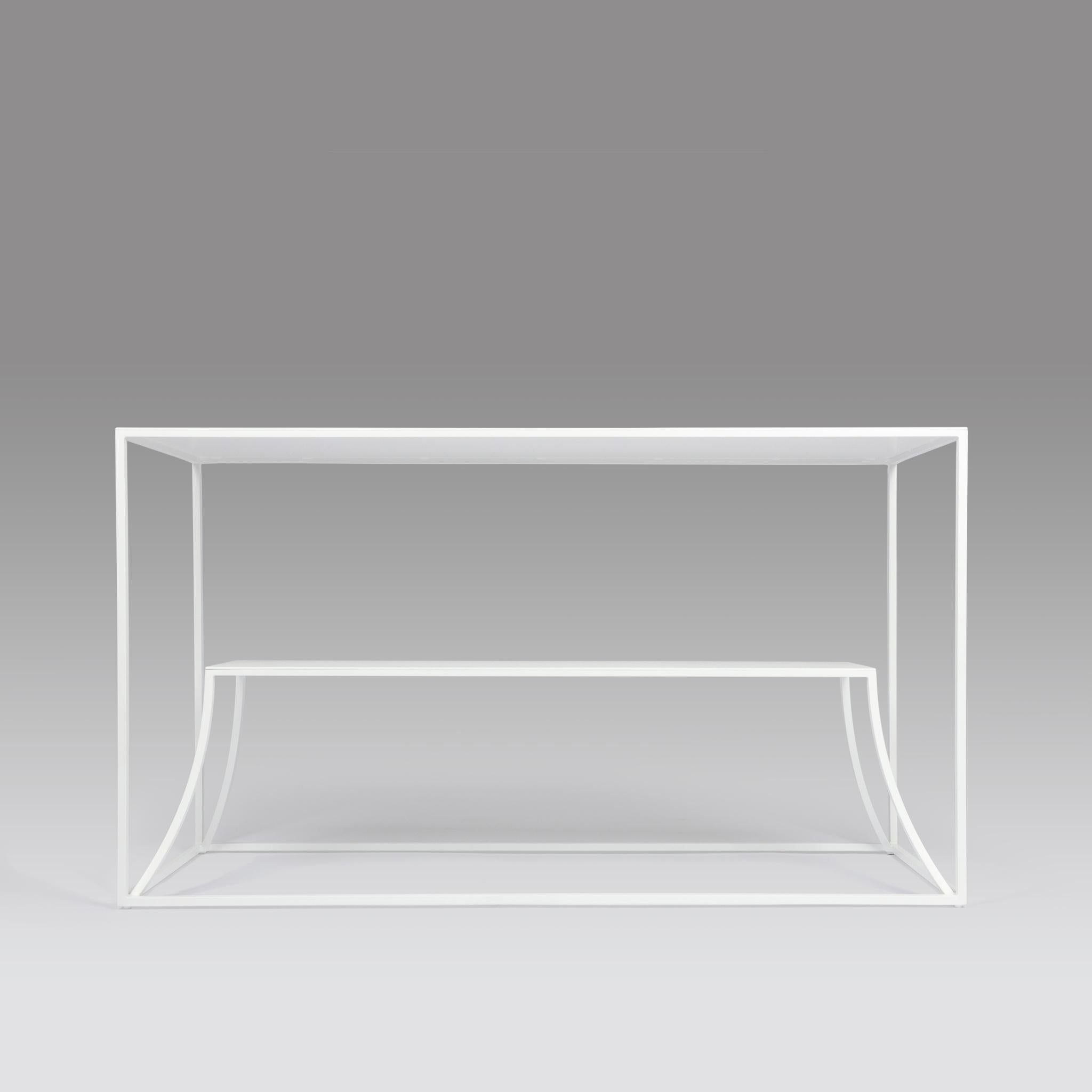 The double tier console table is a modern and sleek rectangular piece great for a foyer entrance or living room setting. The double tier feature gives it dimension and interest. The steel construction is powder coated in bright white.

(Message us