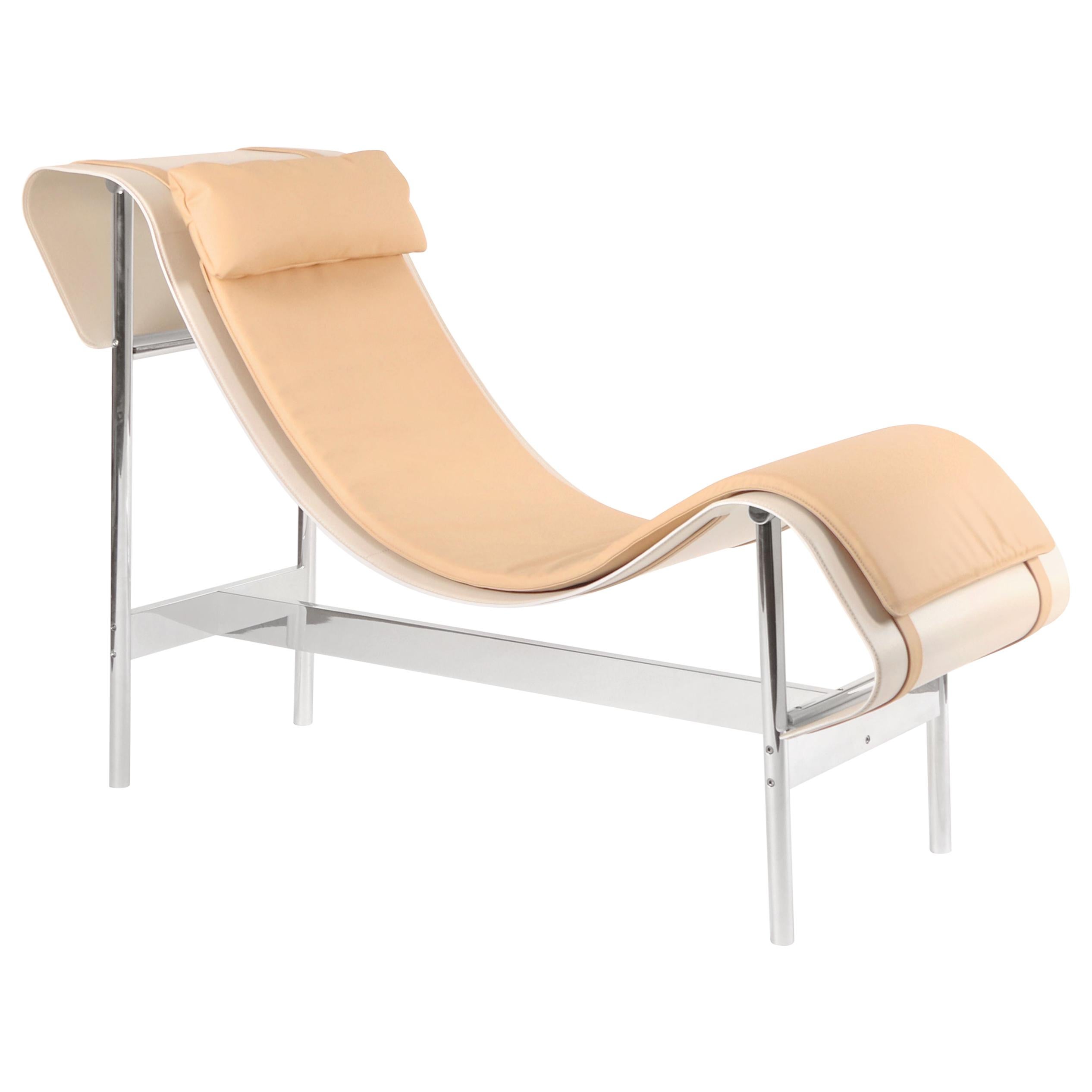 White Powder-Coated Steel Curved Leather Platform and Cushion Chaise Lounge