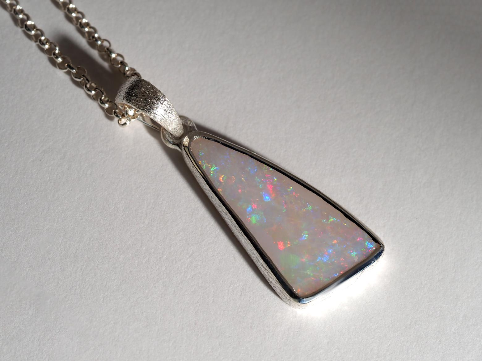 Artisan White Precious Opal Silver Necklace Australian Opal Pendant For Sale