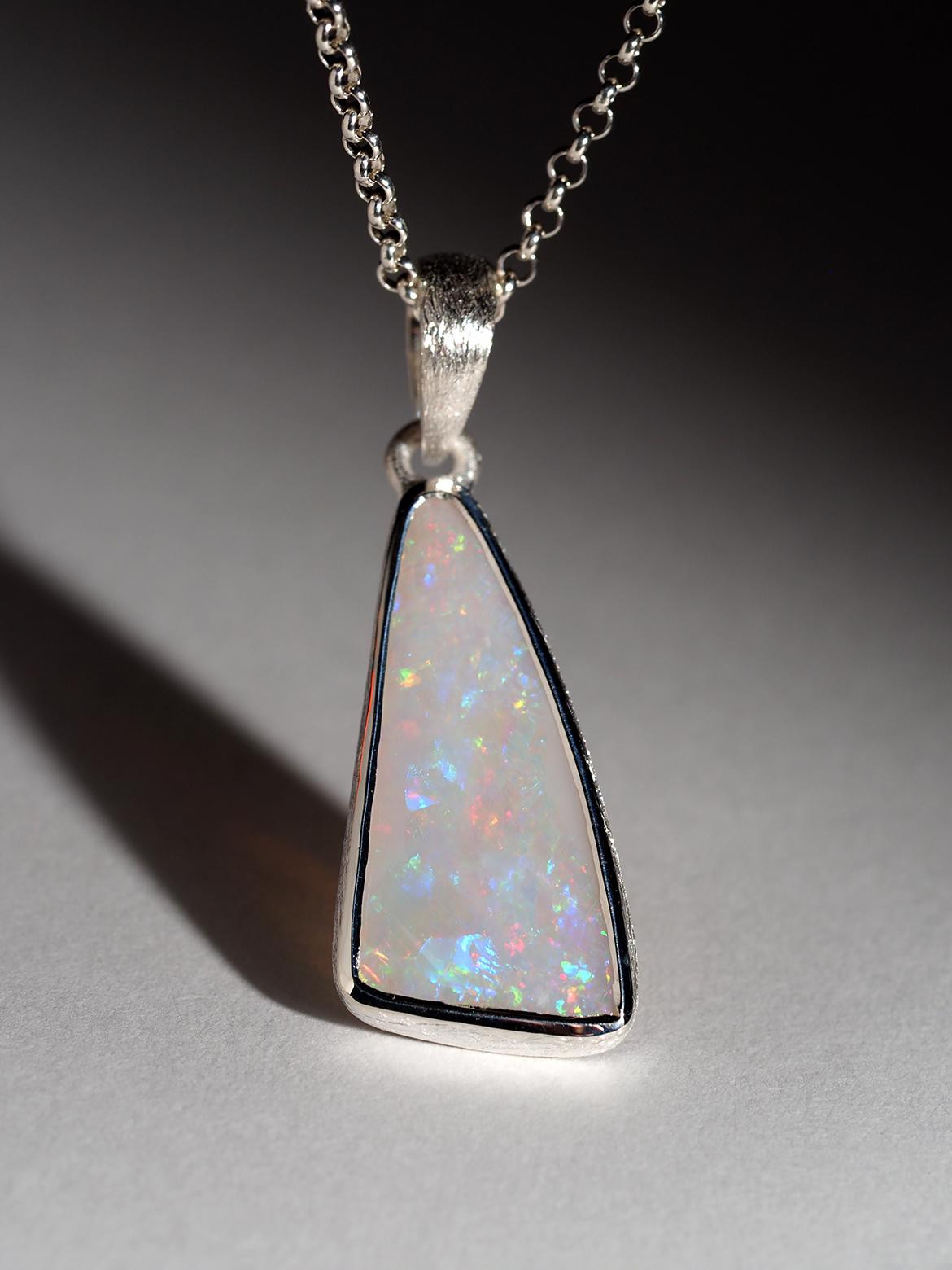 Trillion Cut White Precious Opal Silver Necklace Australian Opal Pendant For Sale