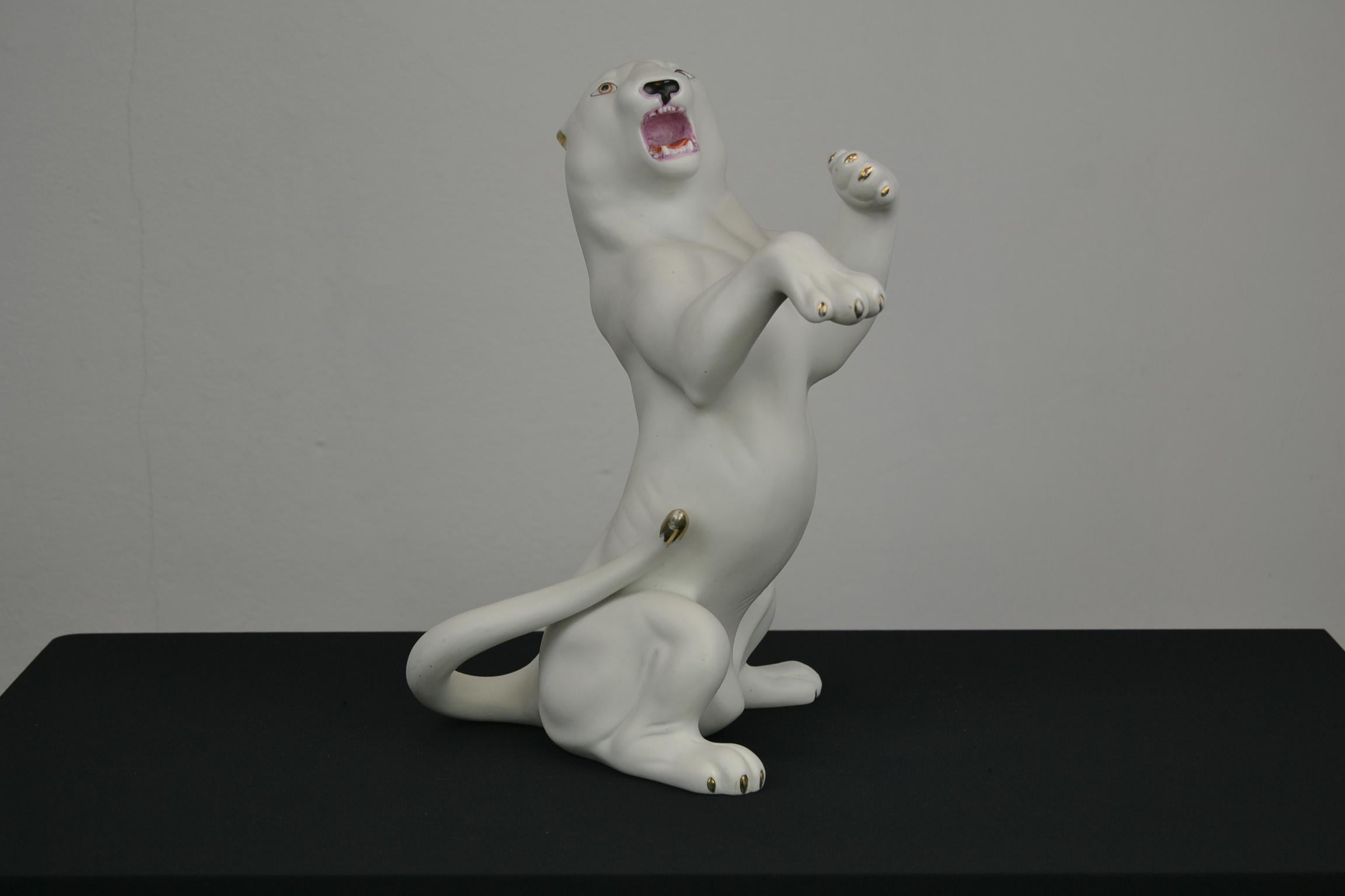 Unglazed White Puma Biscuit Porcelain Sculpture 