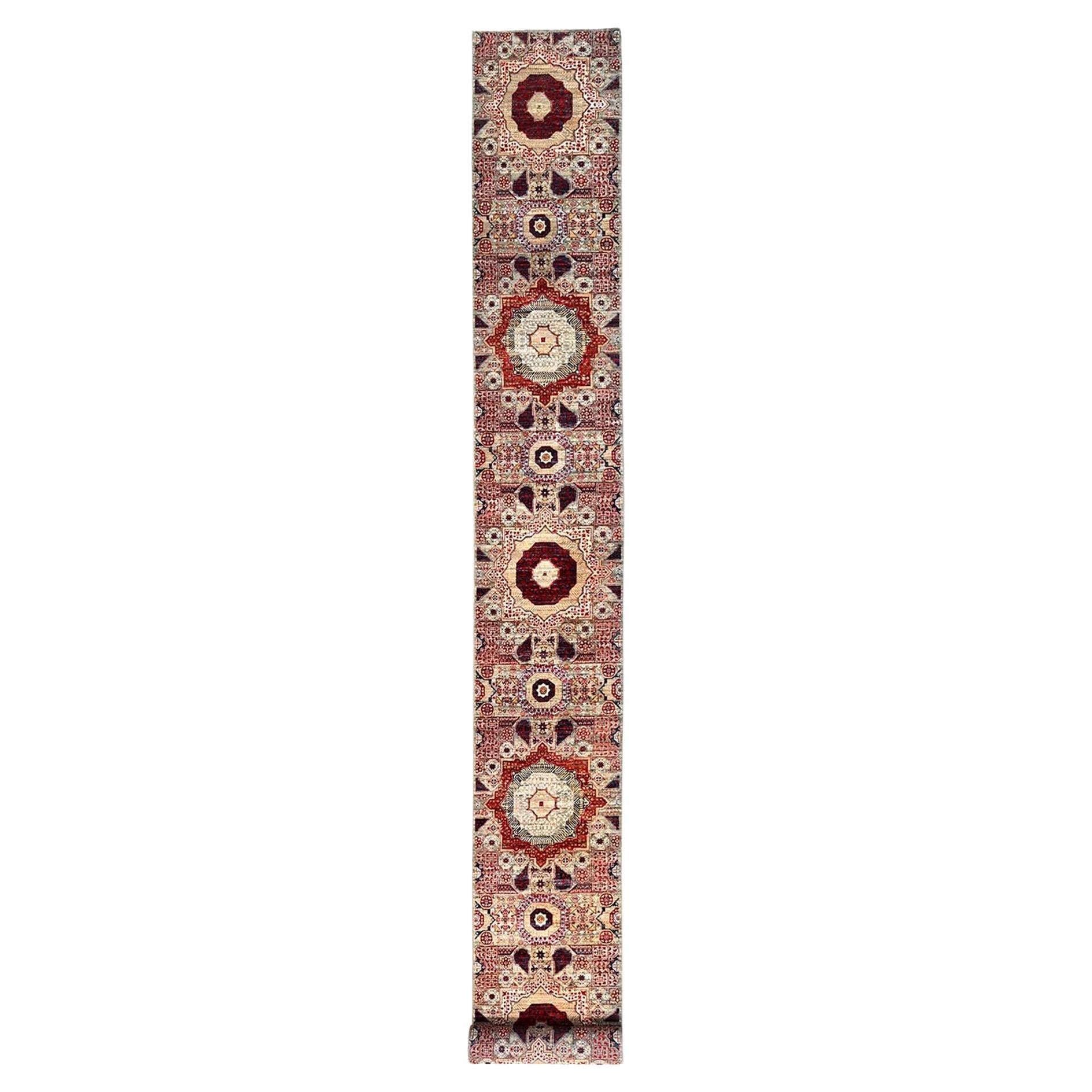 White Pure Wool Hand Knotted Mamluk Design XL Runner Oriental Rug 2'4" x 24'8"