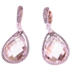 White Quartz and Diamond Earrings 14 Karat White Gold with Black Enamel