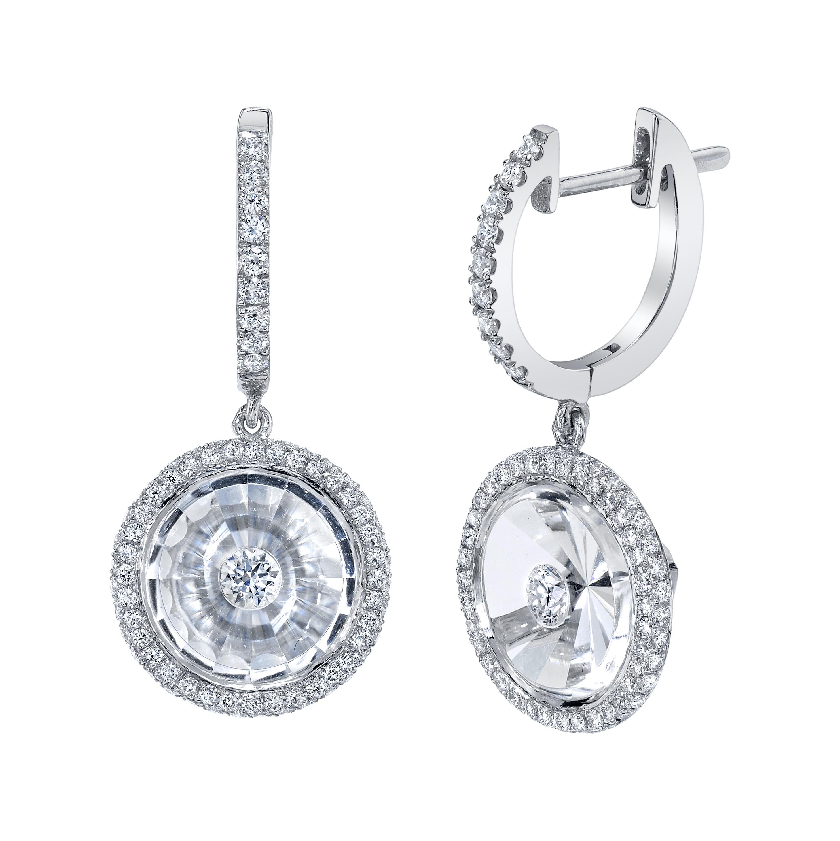 This earring is from our Bhansali Spirit collection, a collection inspired by cocktails. Faceted from the back by hand, the 
white quartz (4.73cts) creates a shiny pinwheel shimmer that is sassy, flirty, and fun! With a pave diamond halo and diamond
