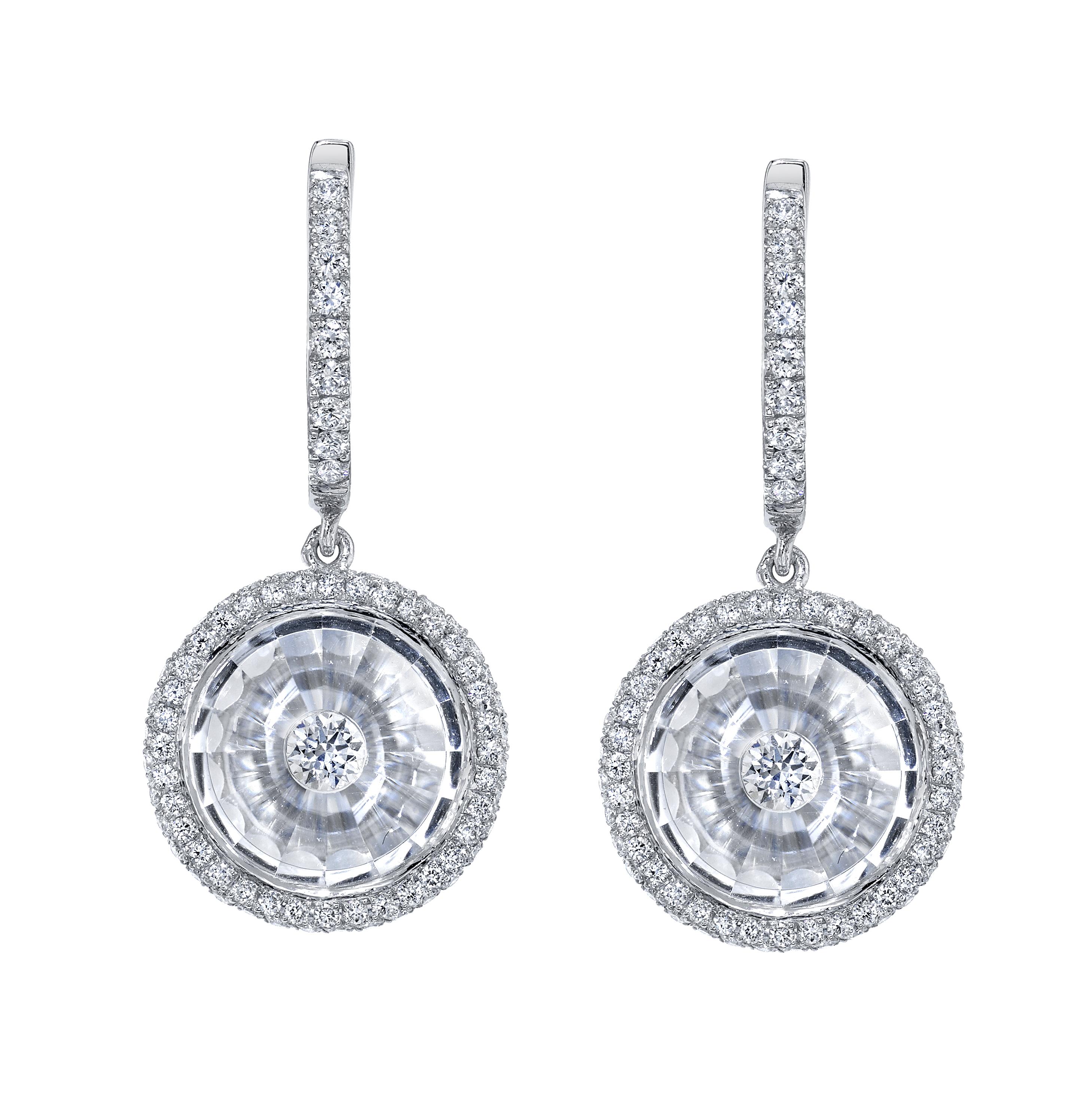 Round Cut White Quartz and Diamond Earrings  For Sale
