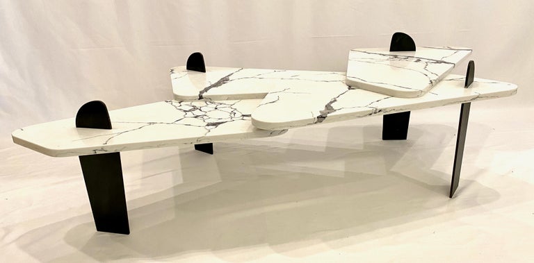 White Quartz Coffee Table with Patinated Steel Legs by Adm Bespoke For Sale 3