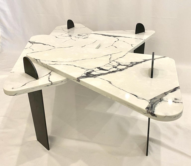 White Quartz Coffee Table with Patinated Steel Legs by Adm Bespoke For Sale 7