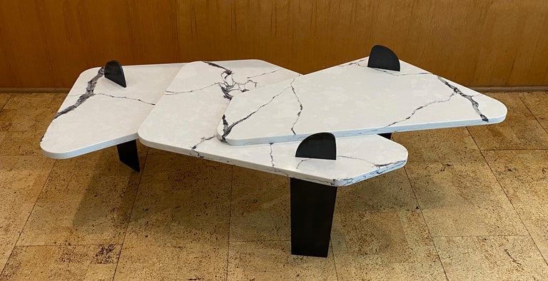 White Quartz Coffee Table with Patinated Steel Legs by Adm Bespoke For Sale 9
