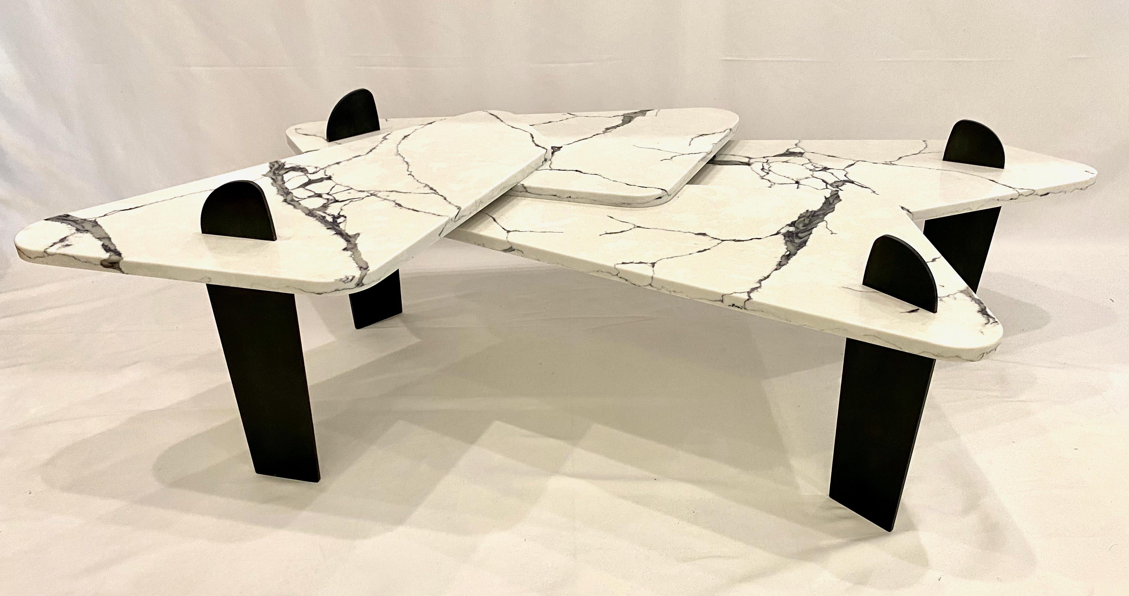Minimalist White Quartz Coffee Table with Patinated Steel Legs by Adm Bespoke For Sale