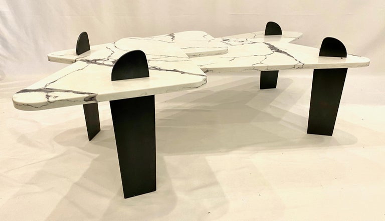 White Quartz Coffee Table with Patinated Steel Legs by Adm Bespoke In New Condition For Sale In Danville, CA