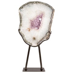 White Quartz Geode Slice with Amethyst Formations in the Centre on Metal Stand