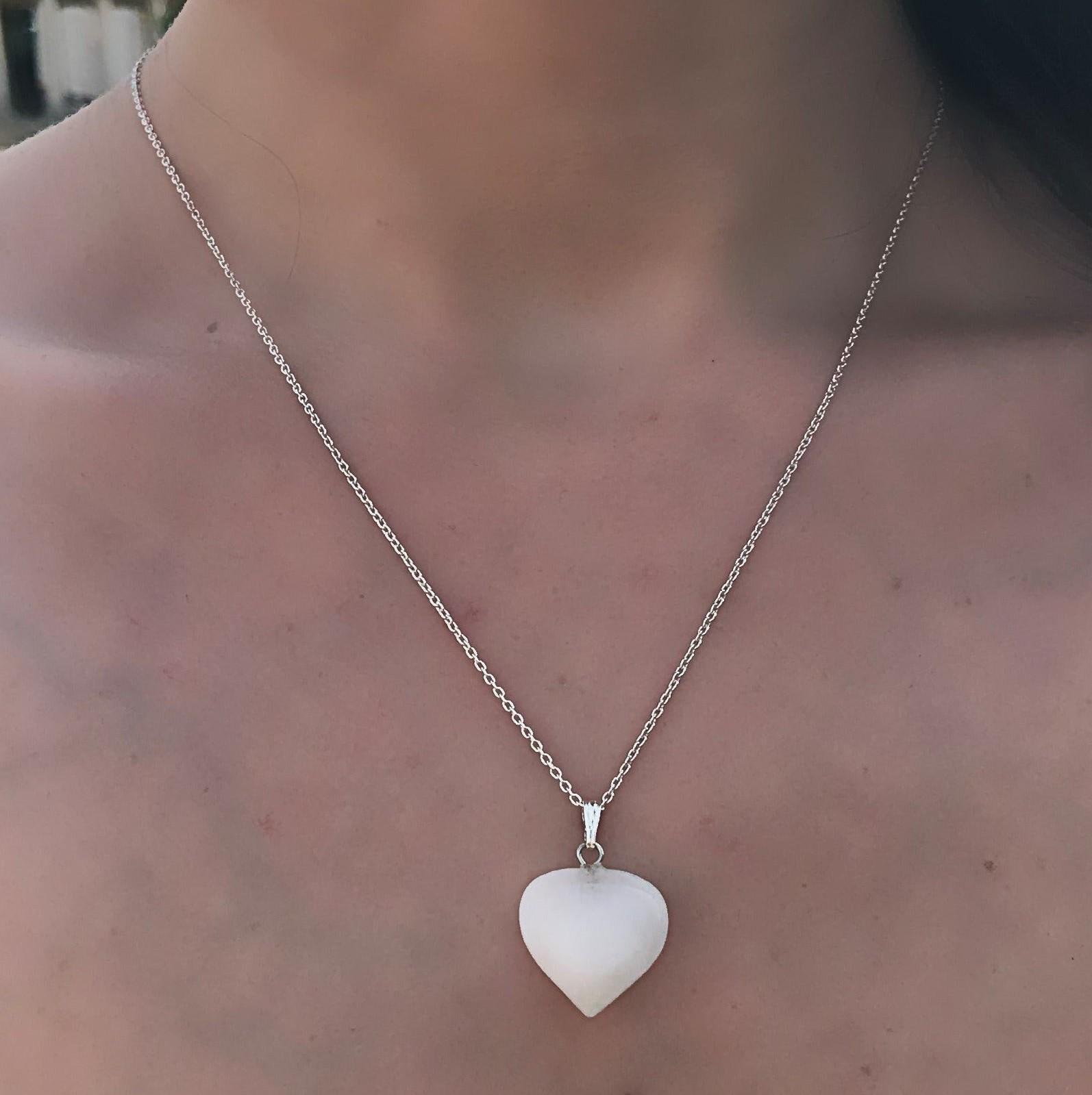 Women's White Quartz Sterling Silver Necklace, Heart Pendant Necklace For Sale