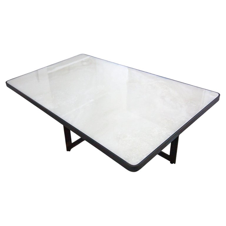 White Quartzite Coffee Table with Blackened Steel Cross Base For Sale