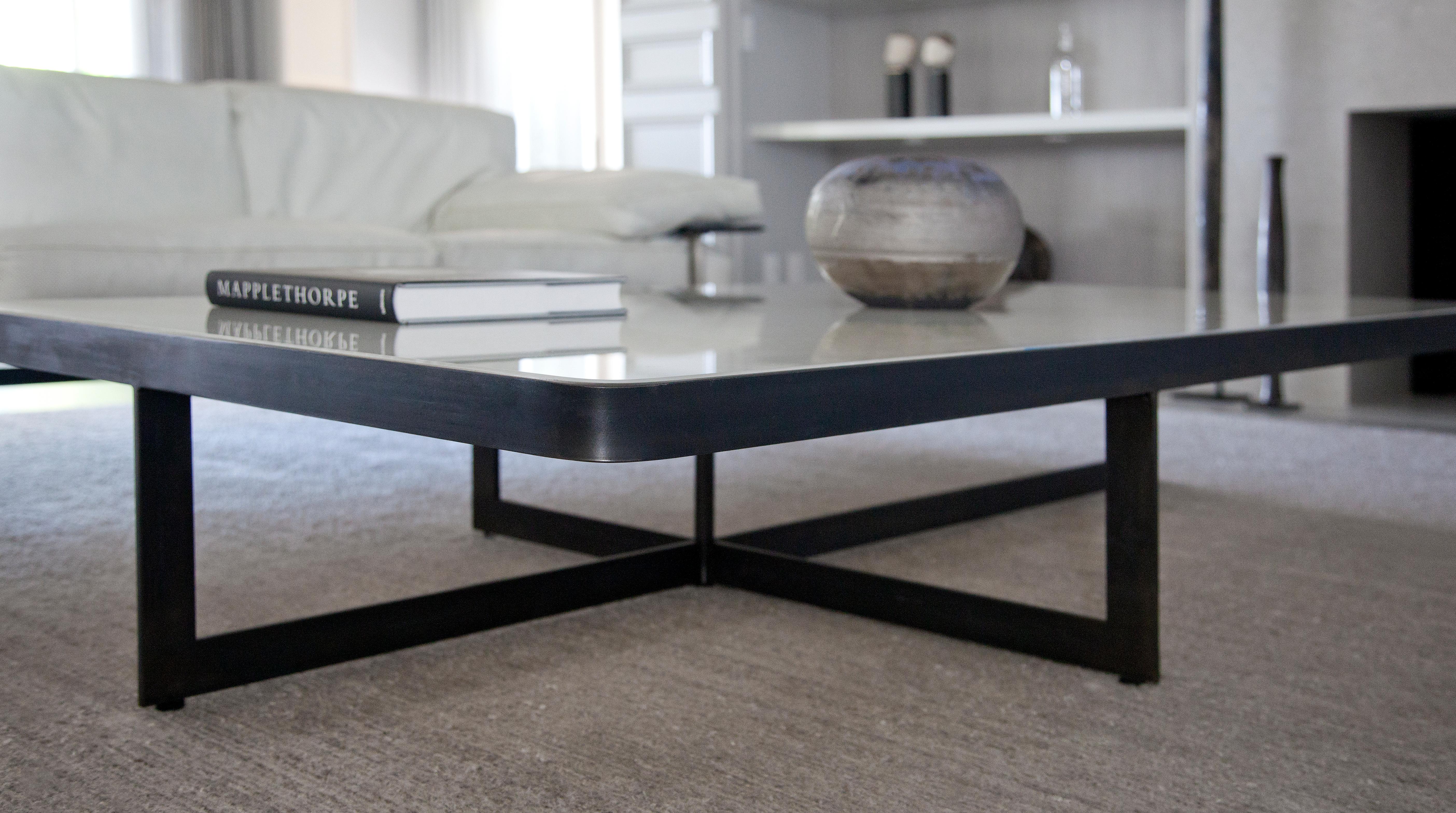 White Quartzite Coffee Table with Blackened Steel Cross Base In New Condition For Sale In Westport, CT