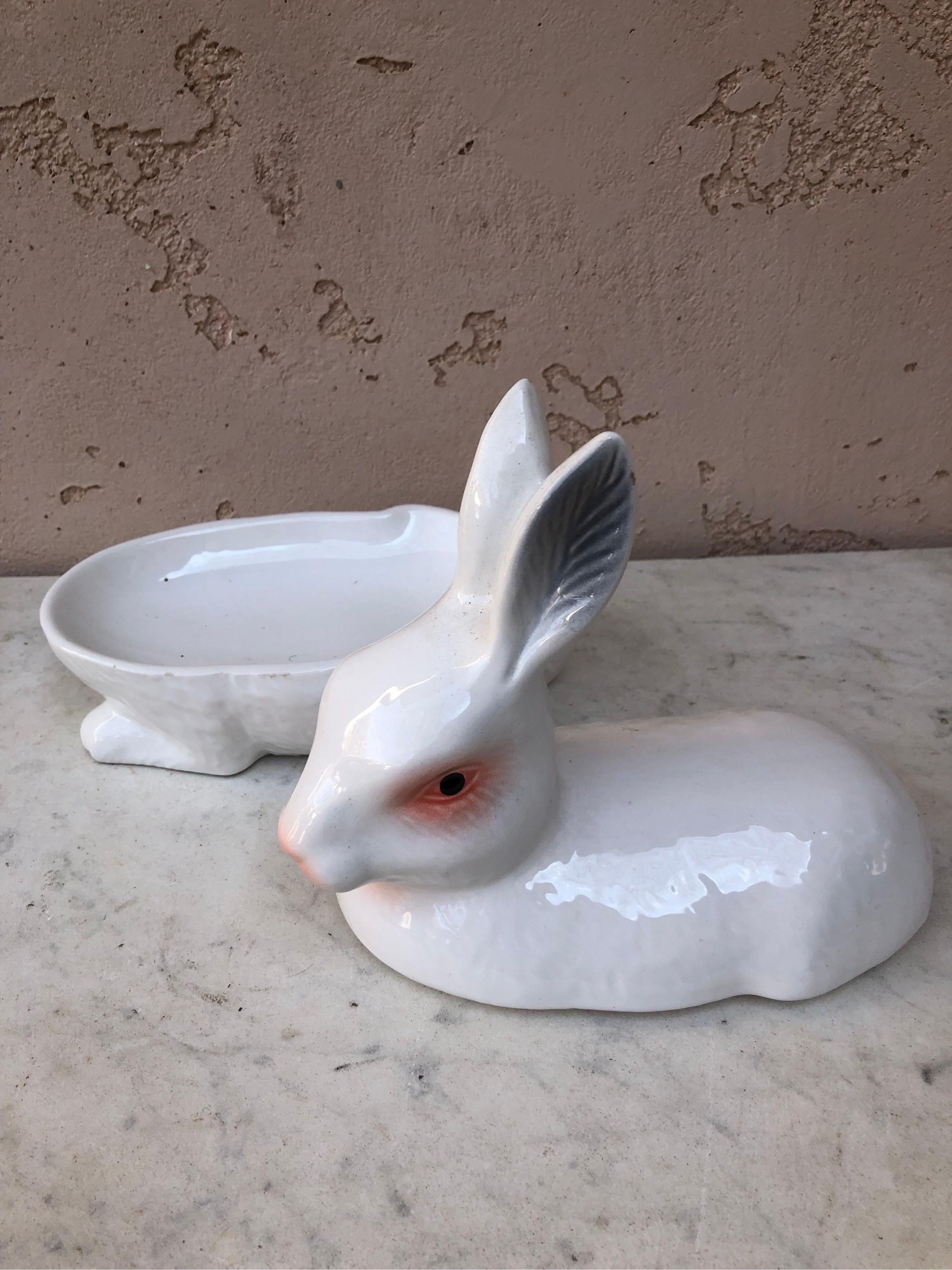 Rustic French Majolica White Rabbit Tureen Circa 1950