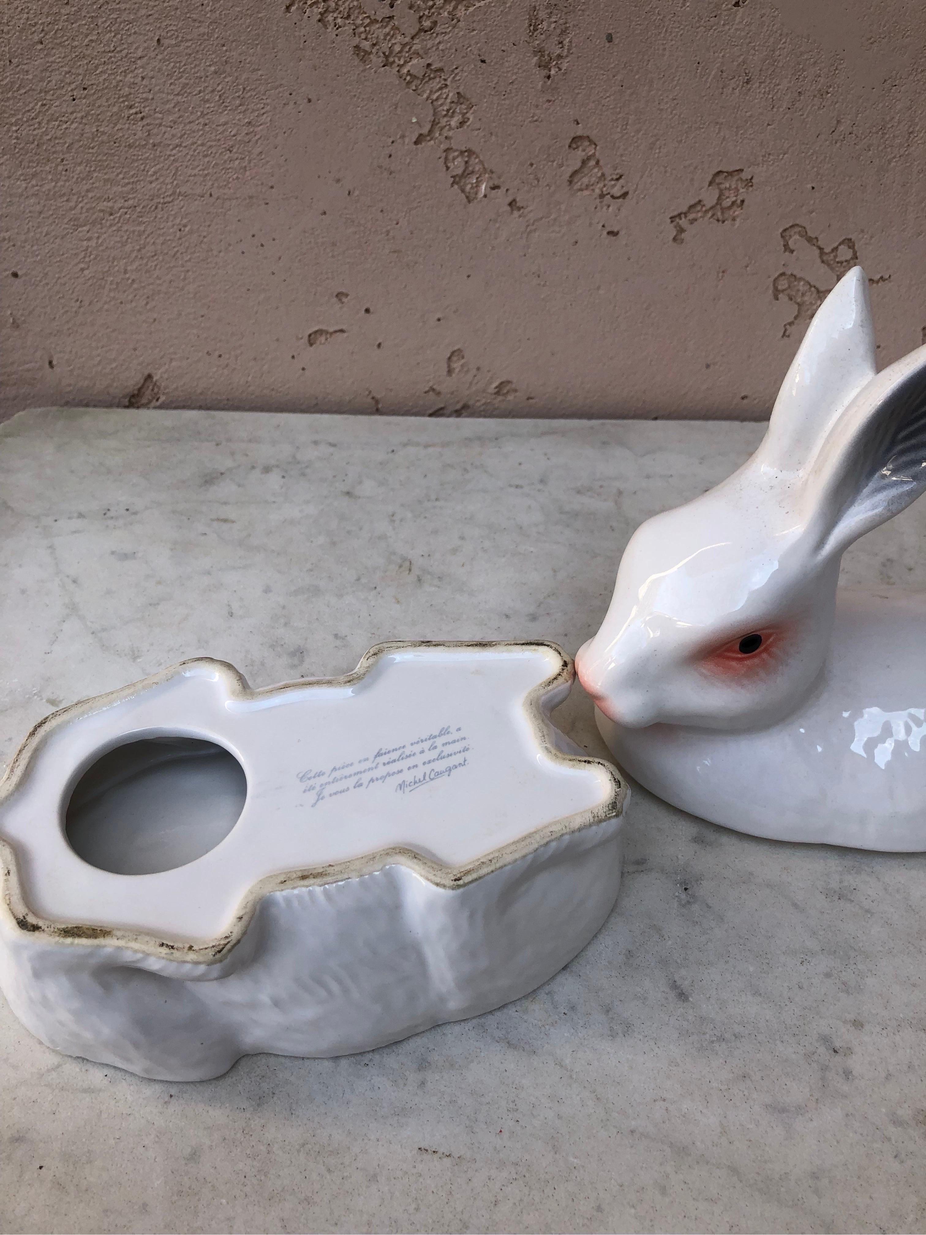 Mid-20th Century French Majolica White Rabbit Tureen Circa 1950