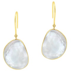 White Rainbow Moonstone Earrings, 18K Yellow Gold