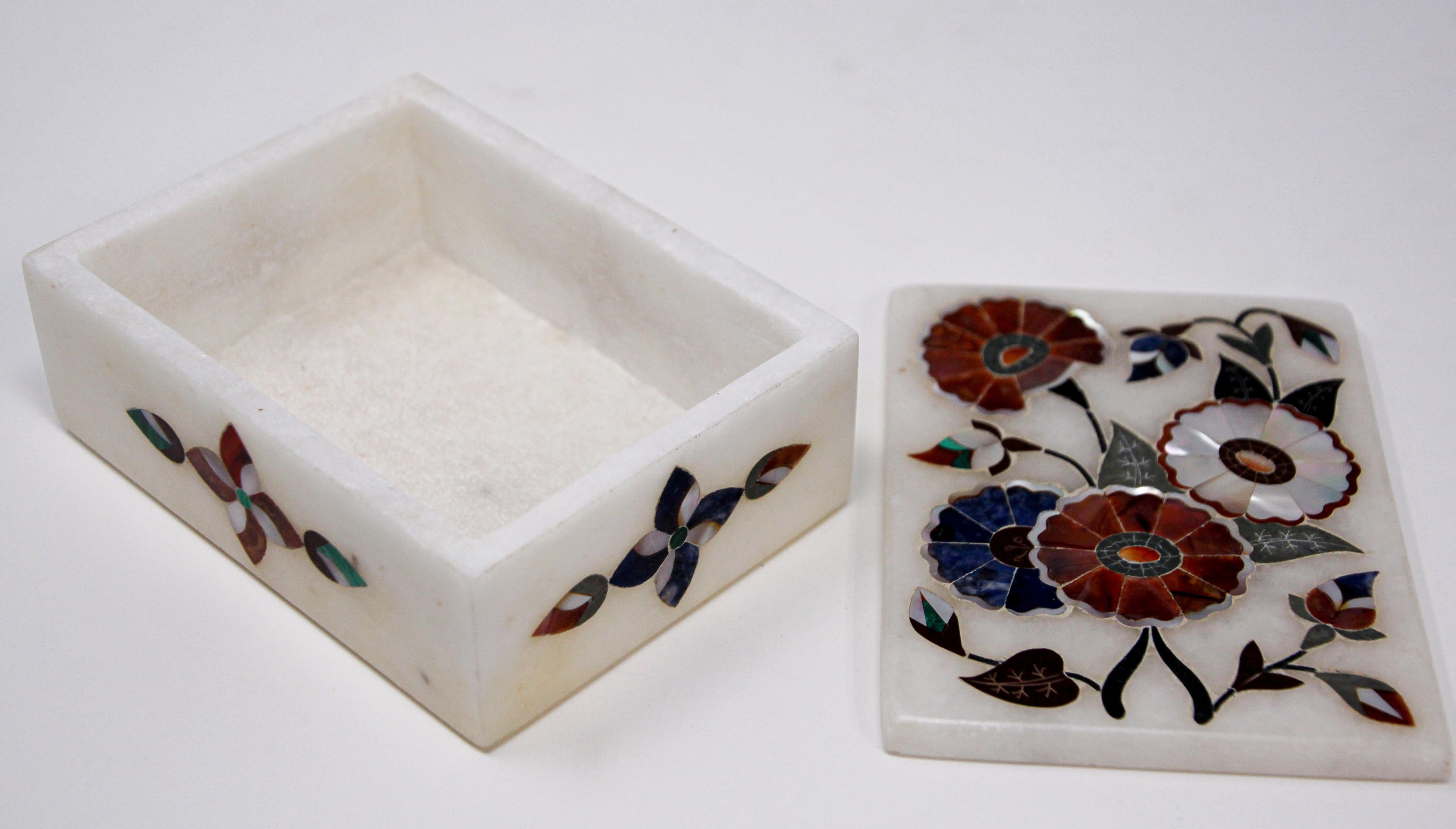 White Rajasthani Marble Inlay Trinket Box Pietra Dura 6