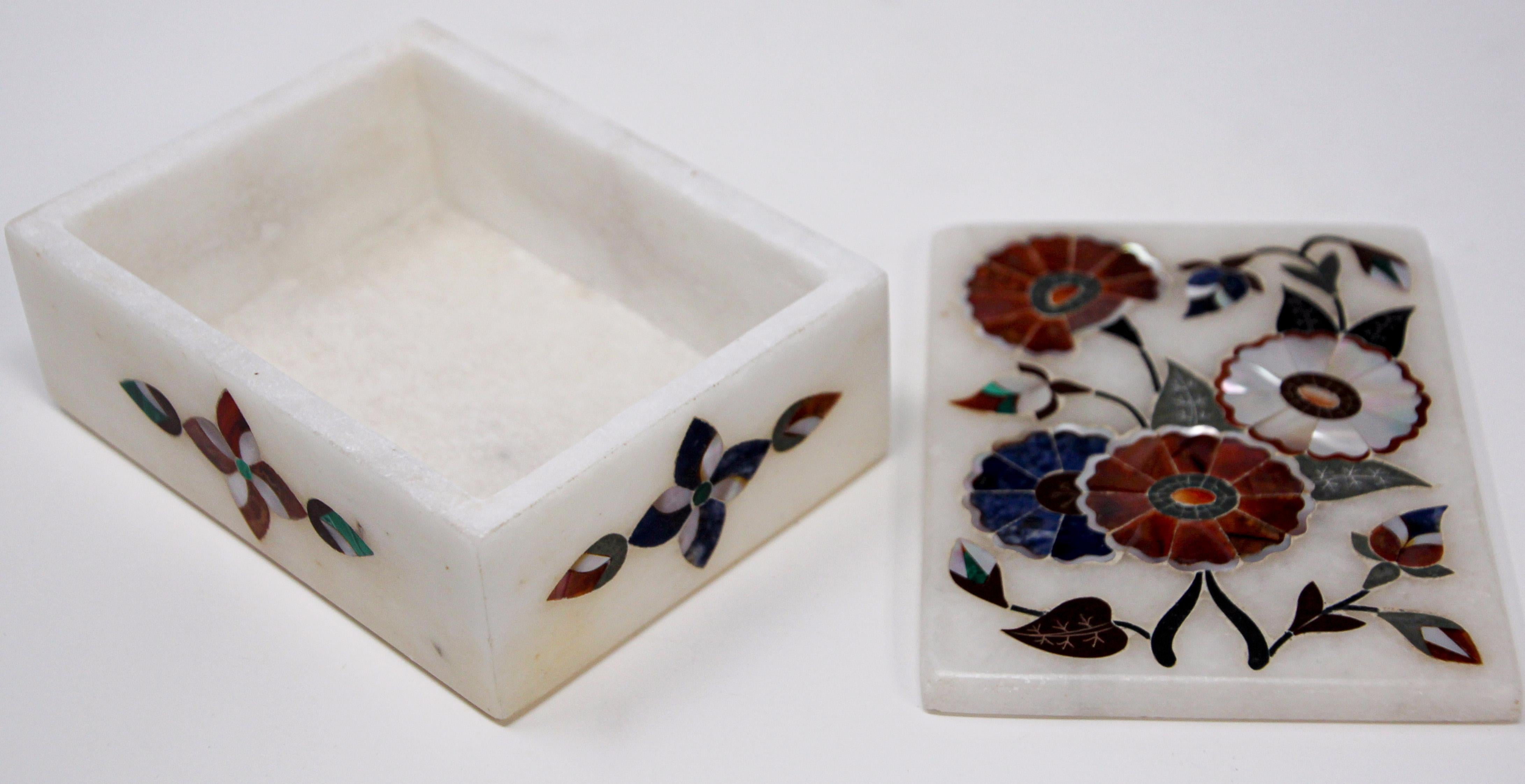 White Rajasthani Marble Inlay Trinket Box Pietra Dura 7